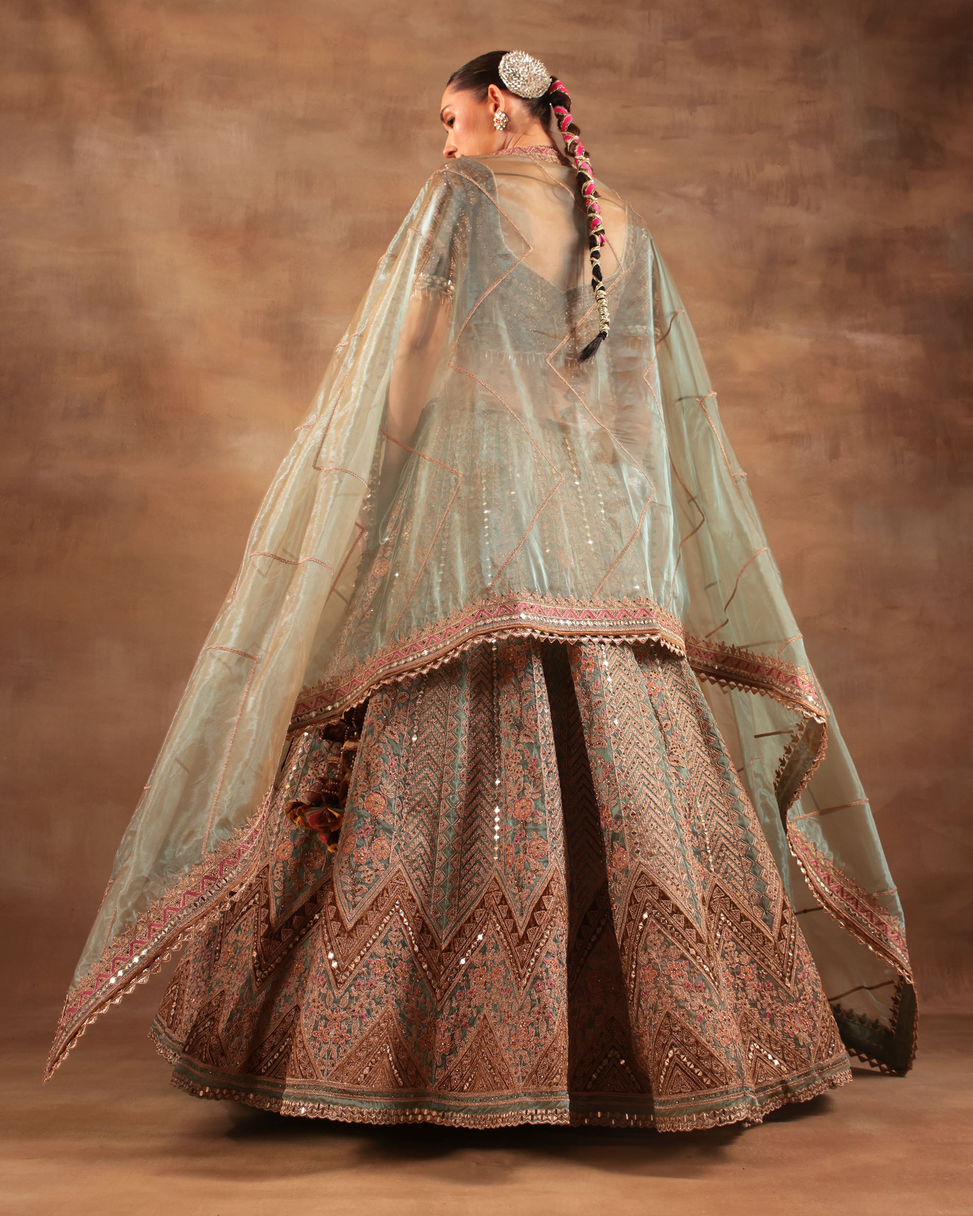 Mint Green & Copper Embroidered Formal Lehenga Set