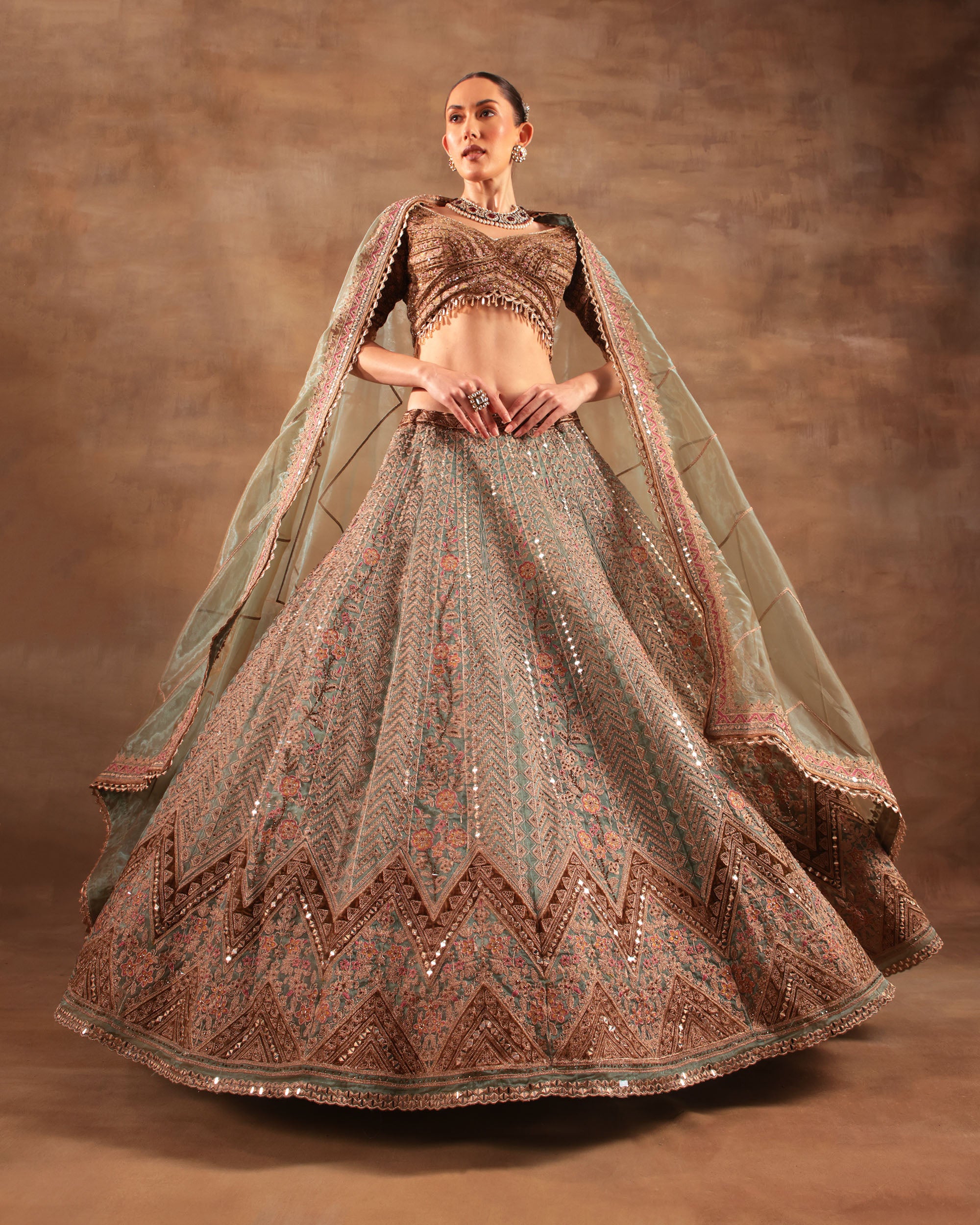 Mint Green & Copper Embroidered Formal Lehenga Set