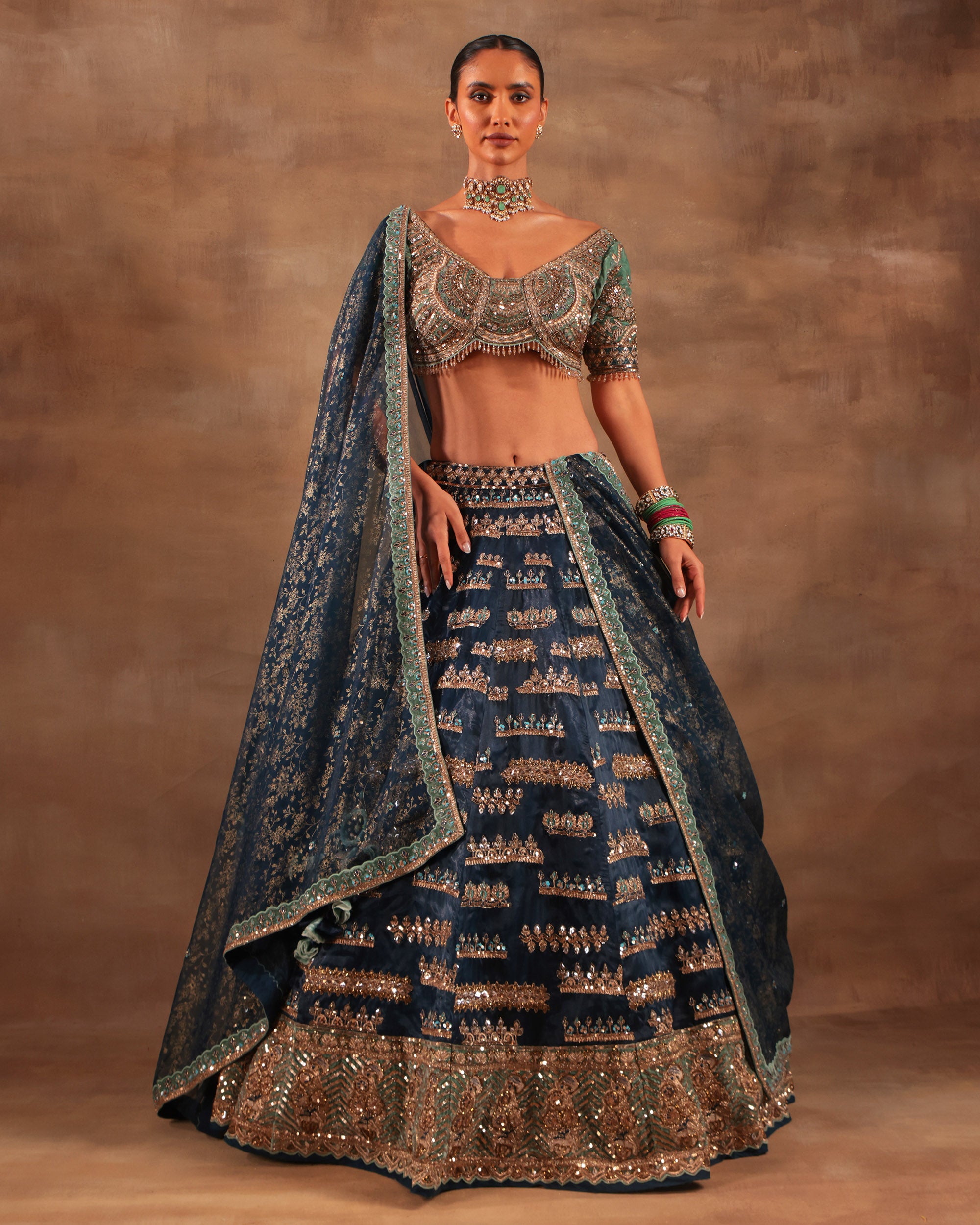 Navy Blue & Emerald Embroidered Formal Lehenga Set