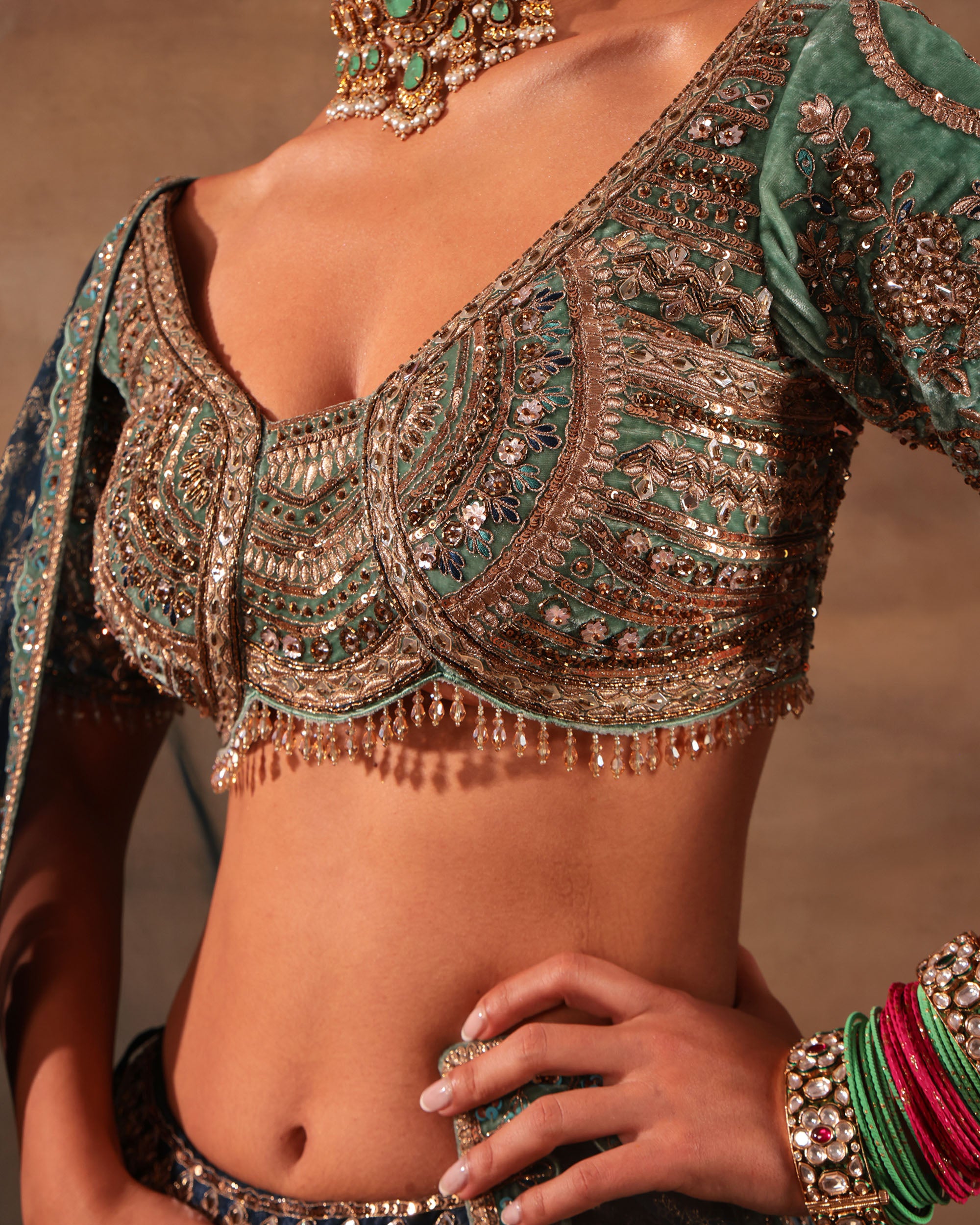 Navy Blue & Emerald Embroidered Formal Lehenga Set