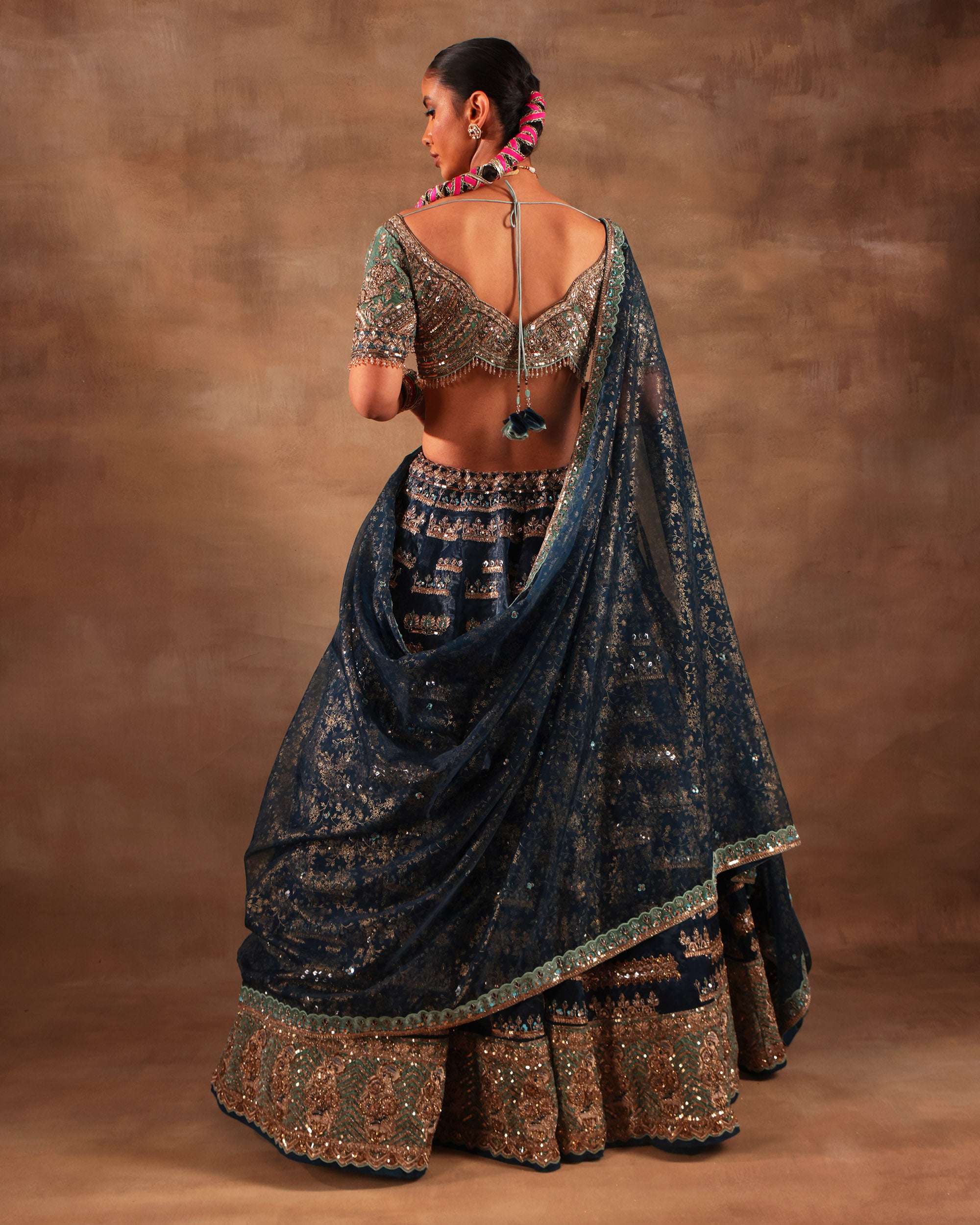 Navy Blue & Emerald Embroidered Formal Lehenga Set