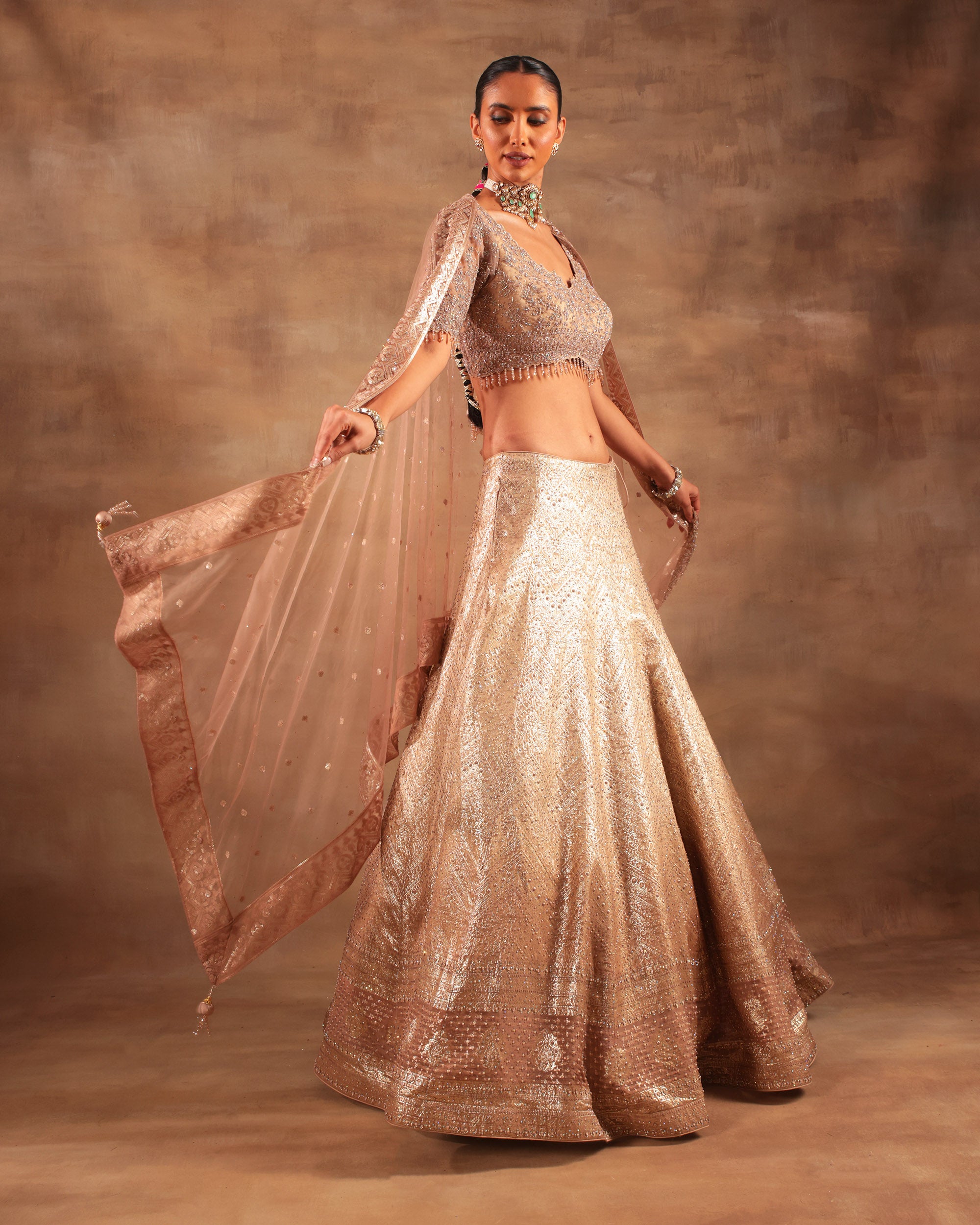 Bronze Gold Hand-Embroidered Lehenga Set