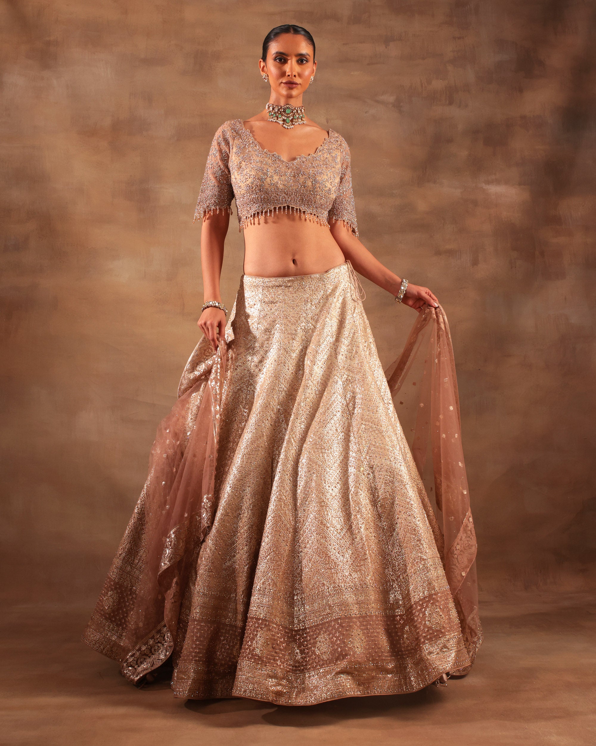 Bronze Gold Hand-Embroidered Lehenga Set
