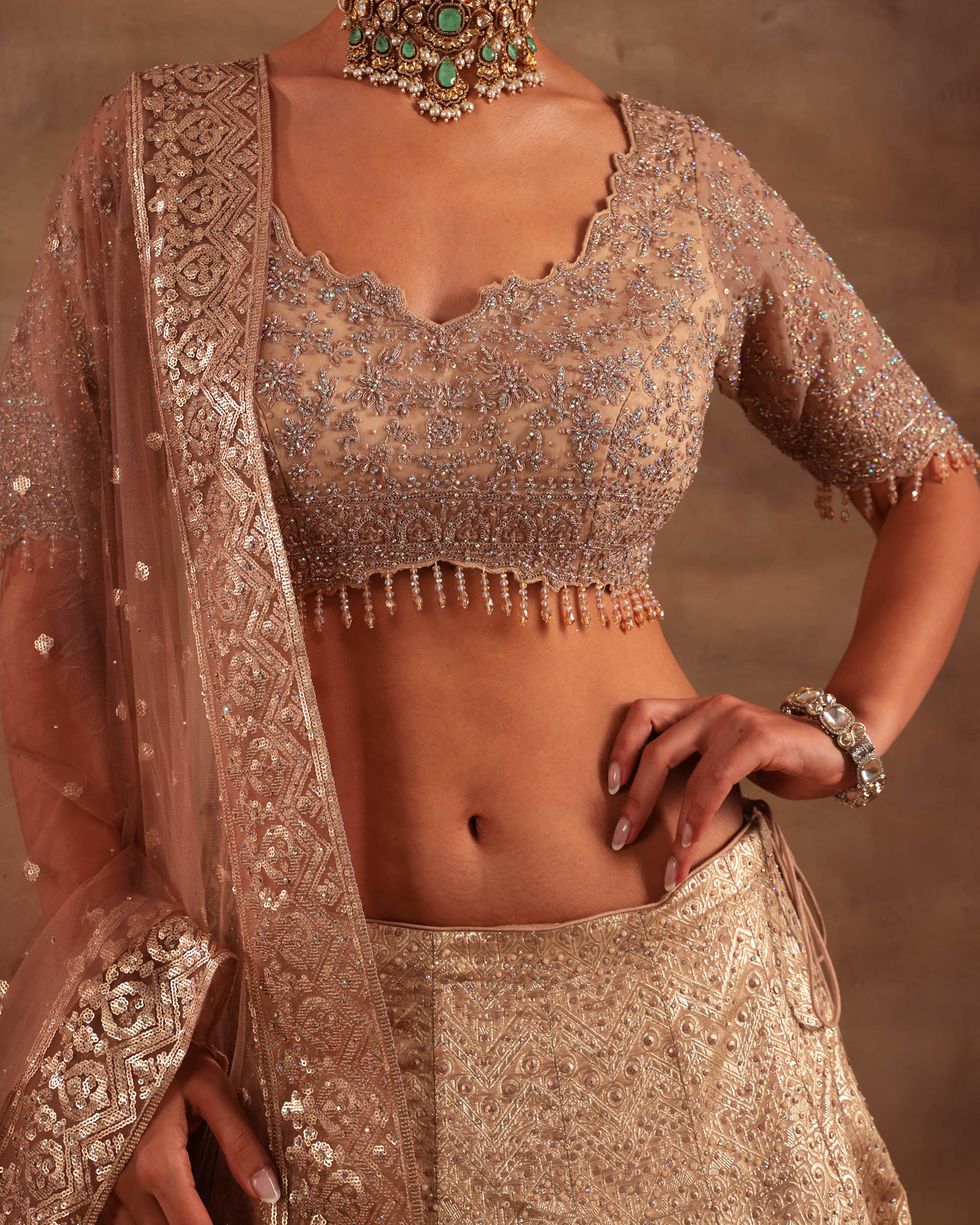 Bronze Gold Hand-Embroidered Lehenga Set