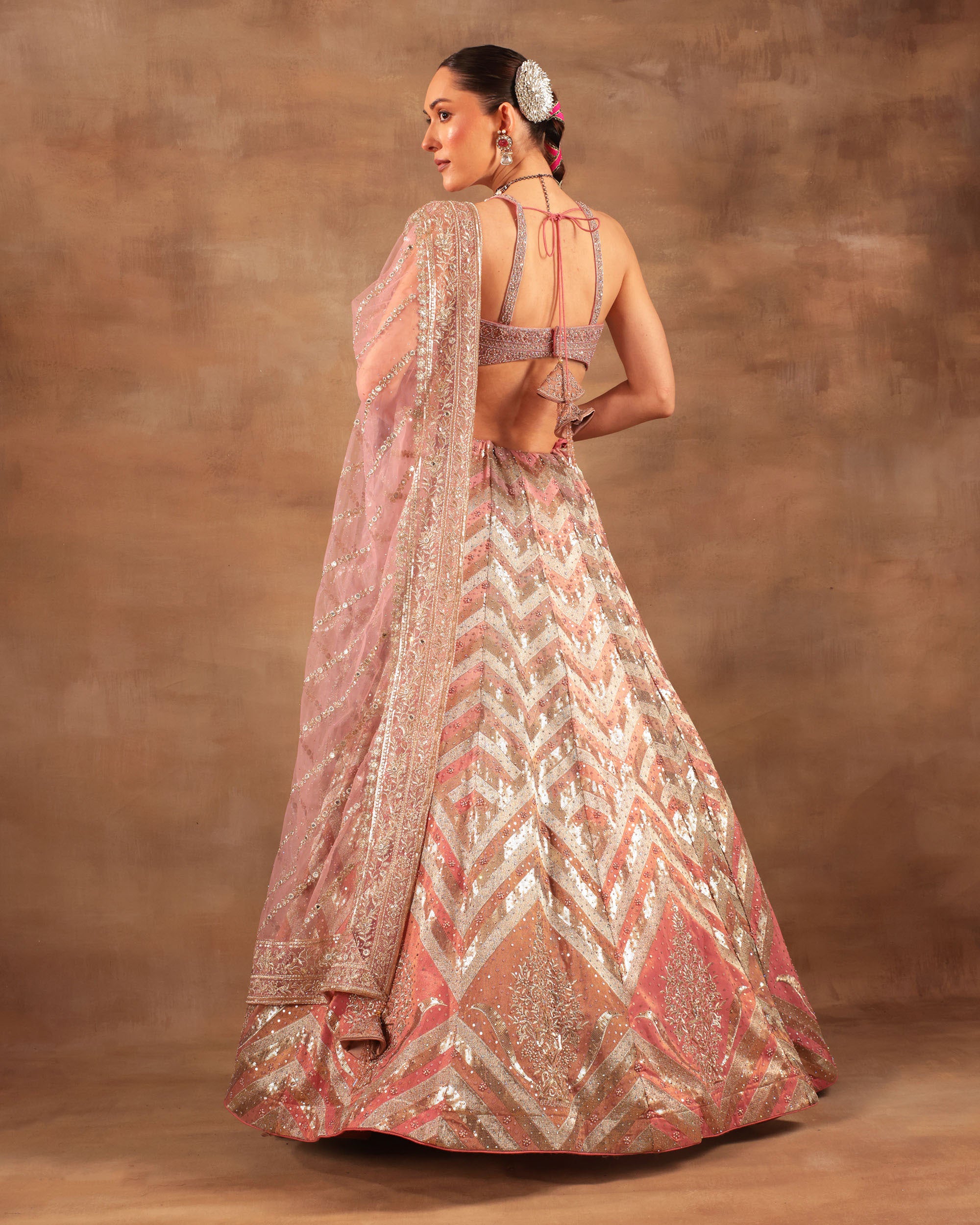 Peach Sequin Embellished Lehenga Set