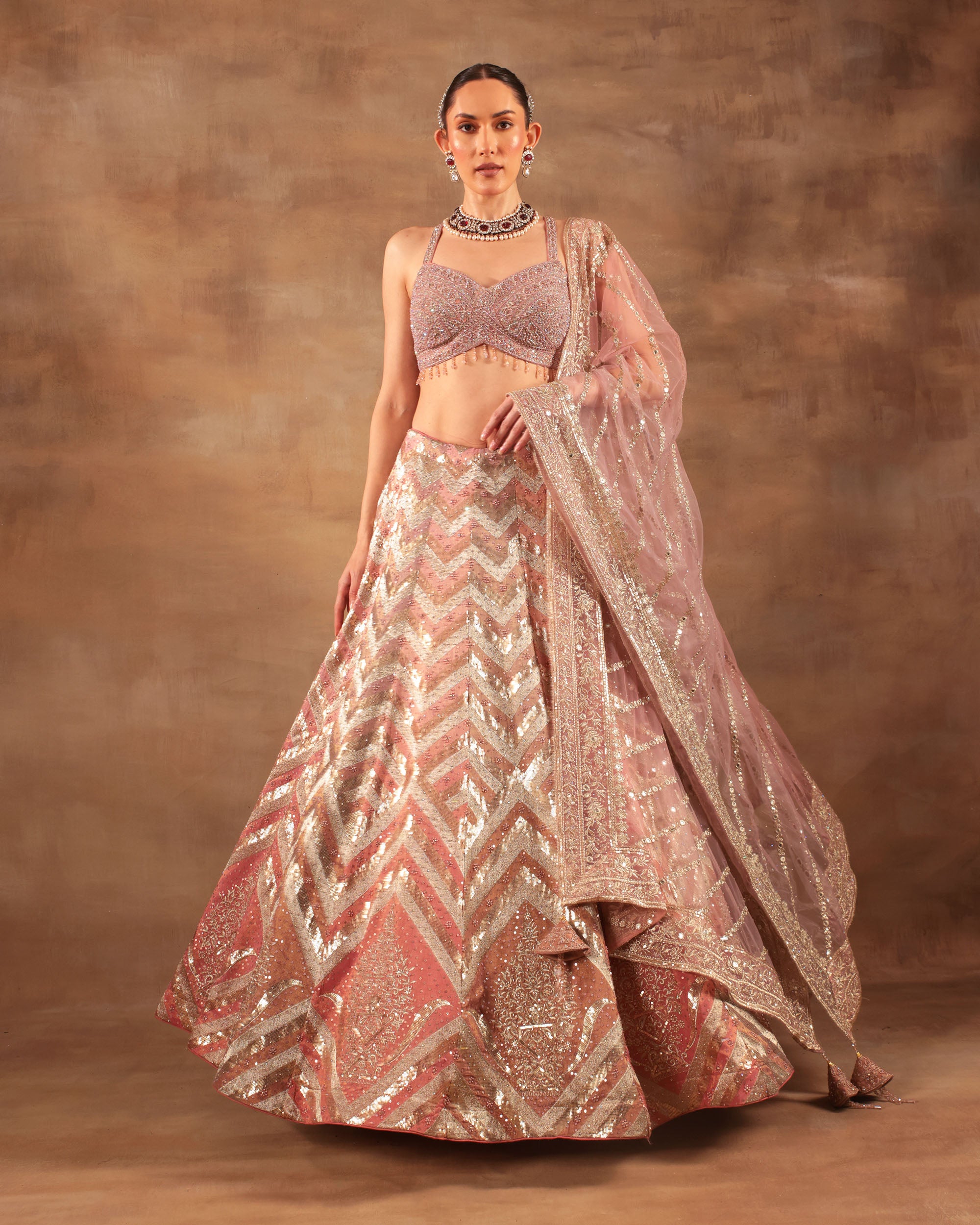 Peach Sequin Embellished Lehenga Set