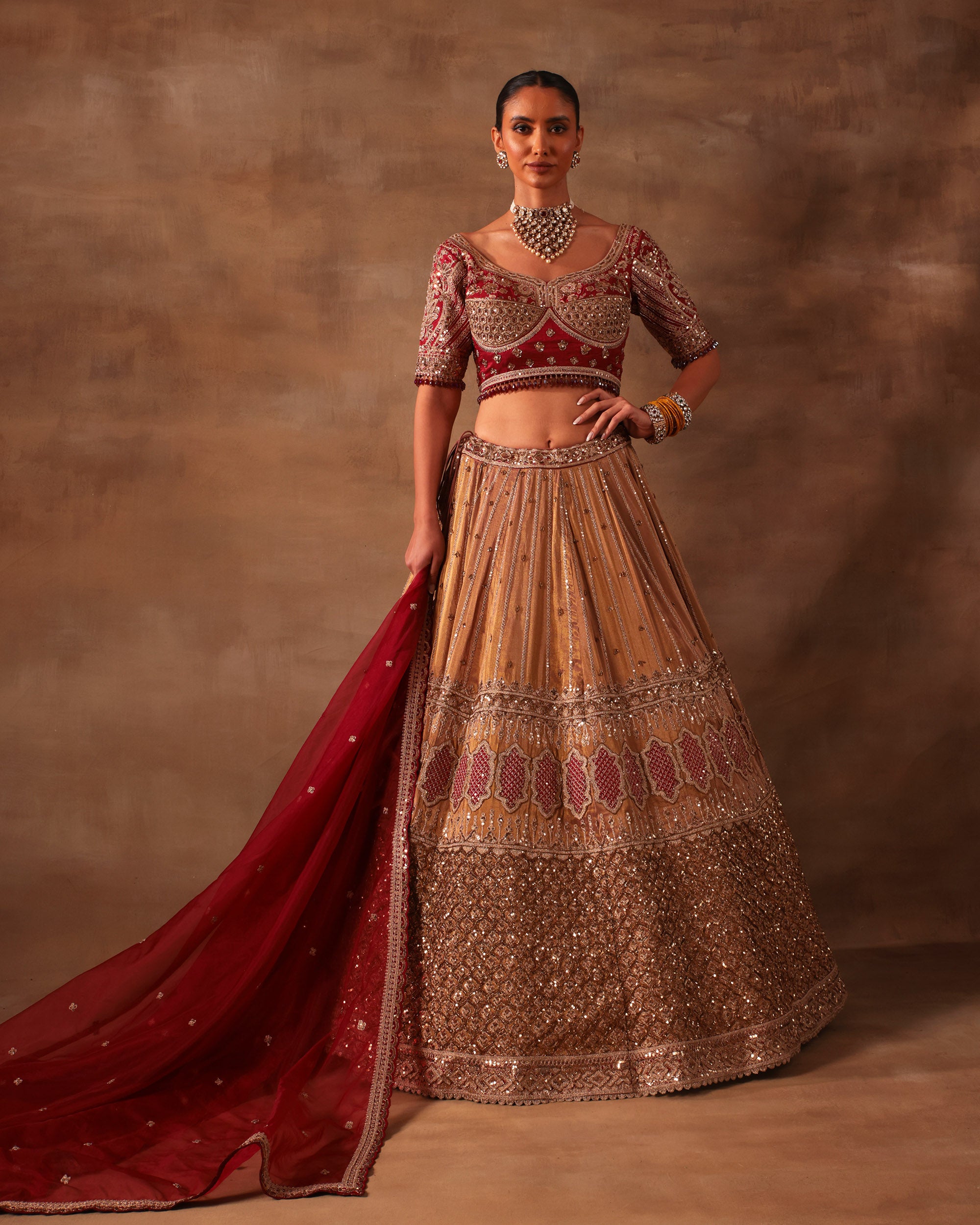 Gold & Maroon Embroidered Formal Lehenga Set