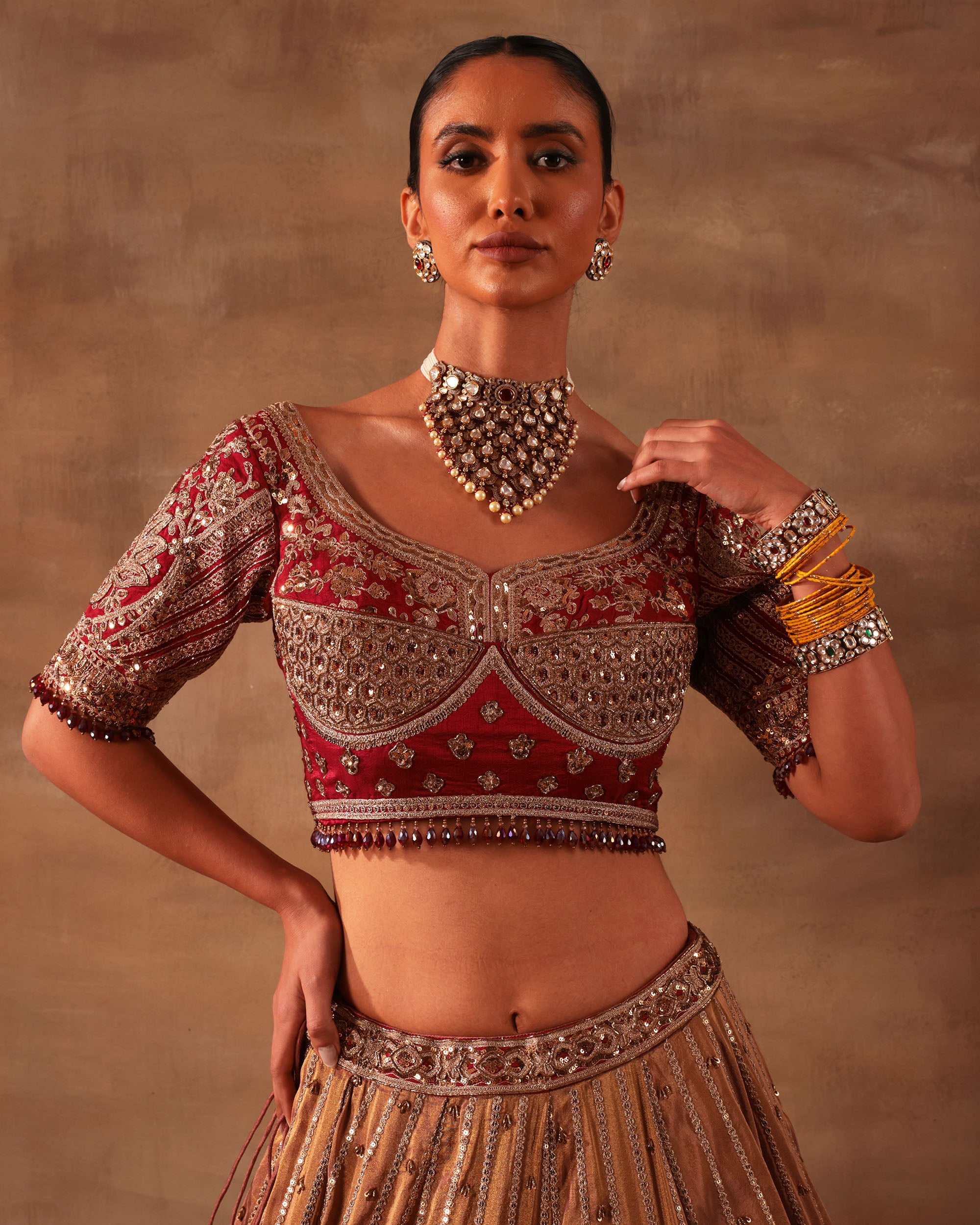 Gold & Maroon Embroidered Formal Lehenga Set