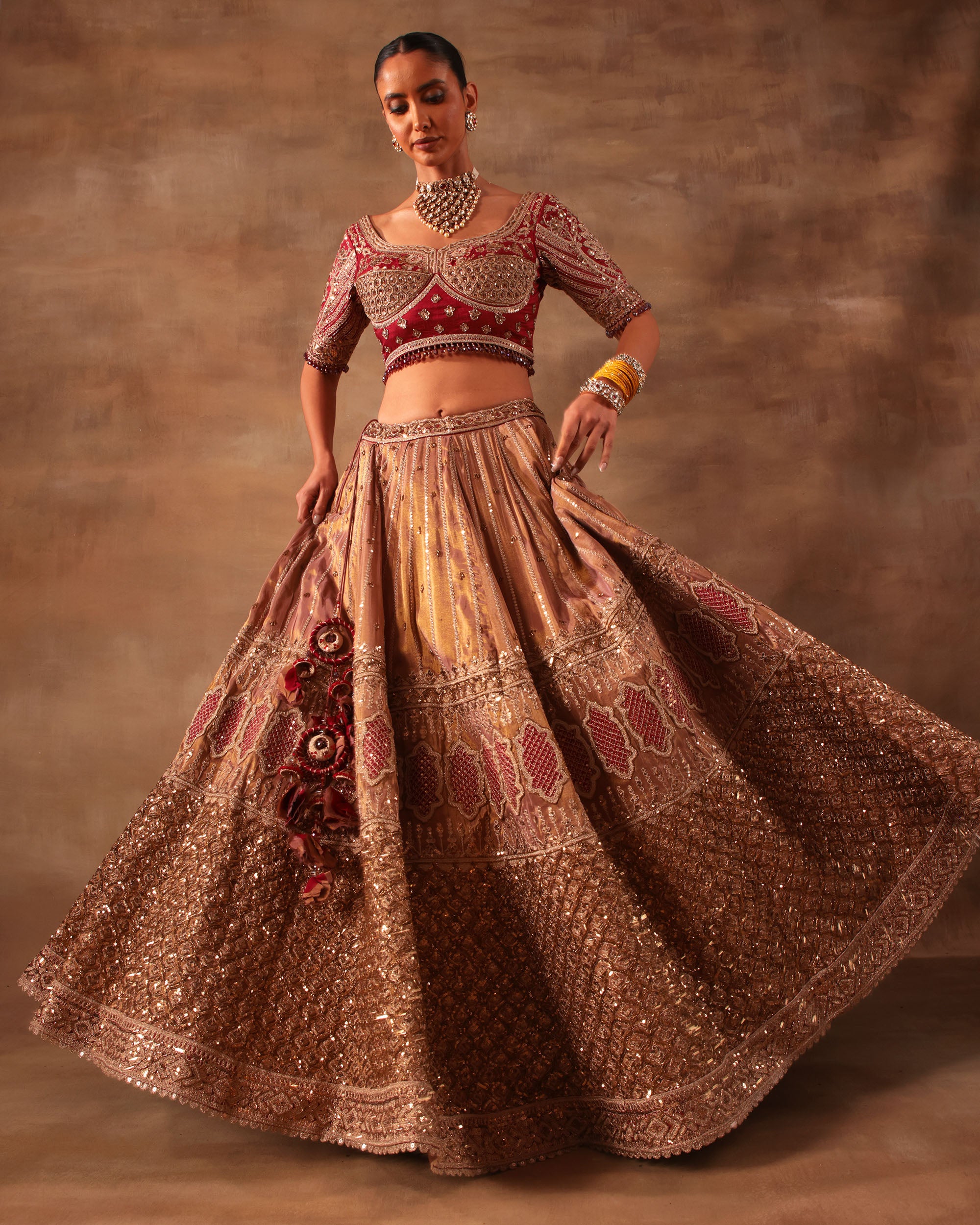 Gold & Maroon Embroidered Formal Lehenga Set