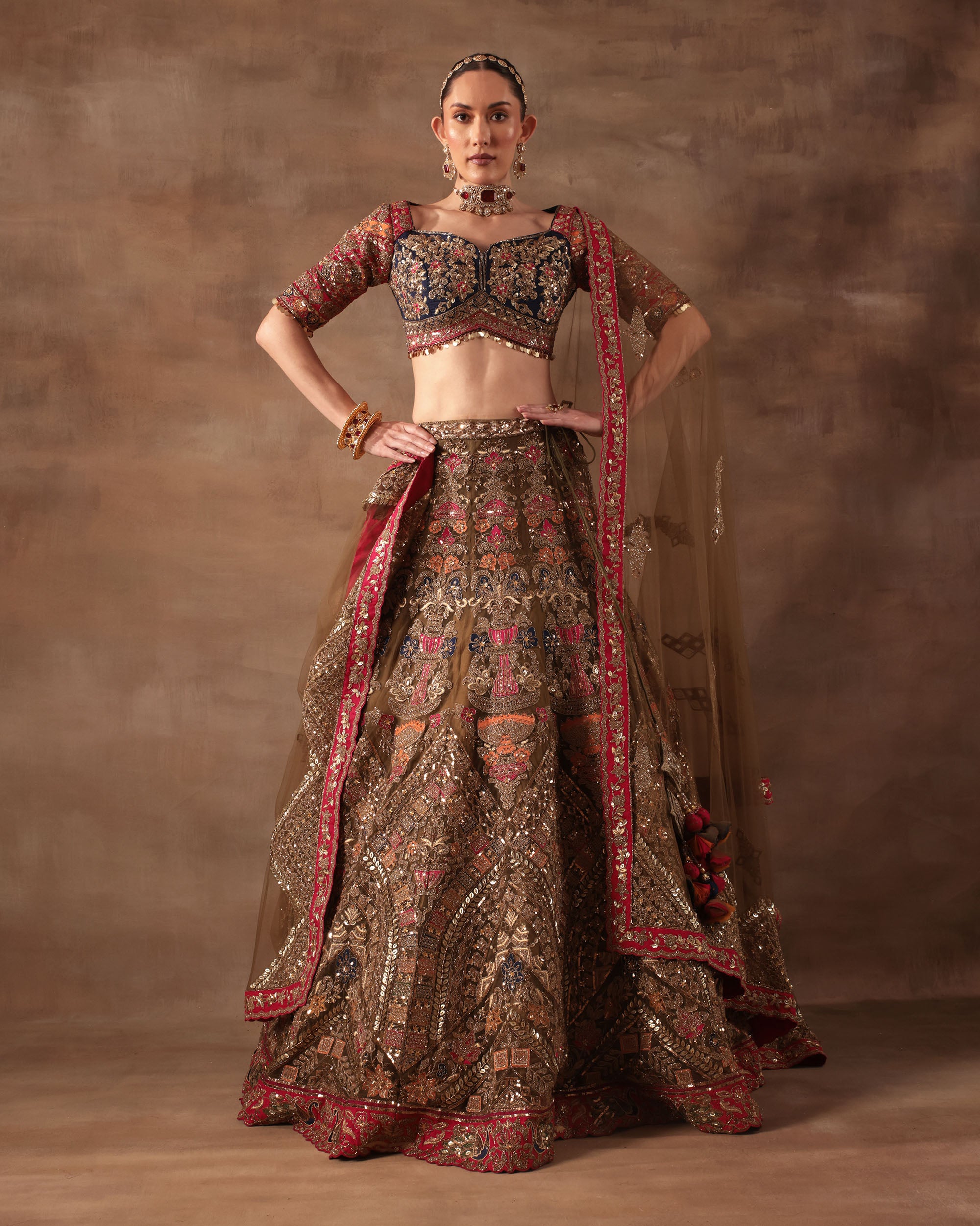 Olive Gold & Maroon Multithread Embroidered Bridal Lehenga Set