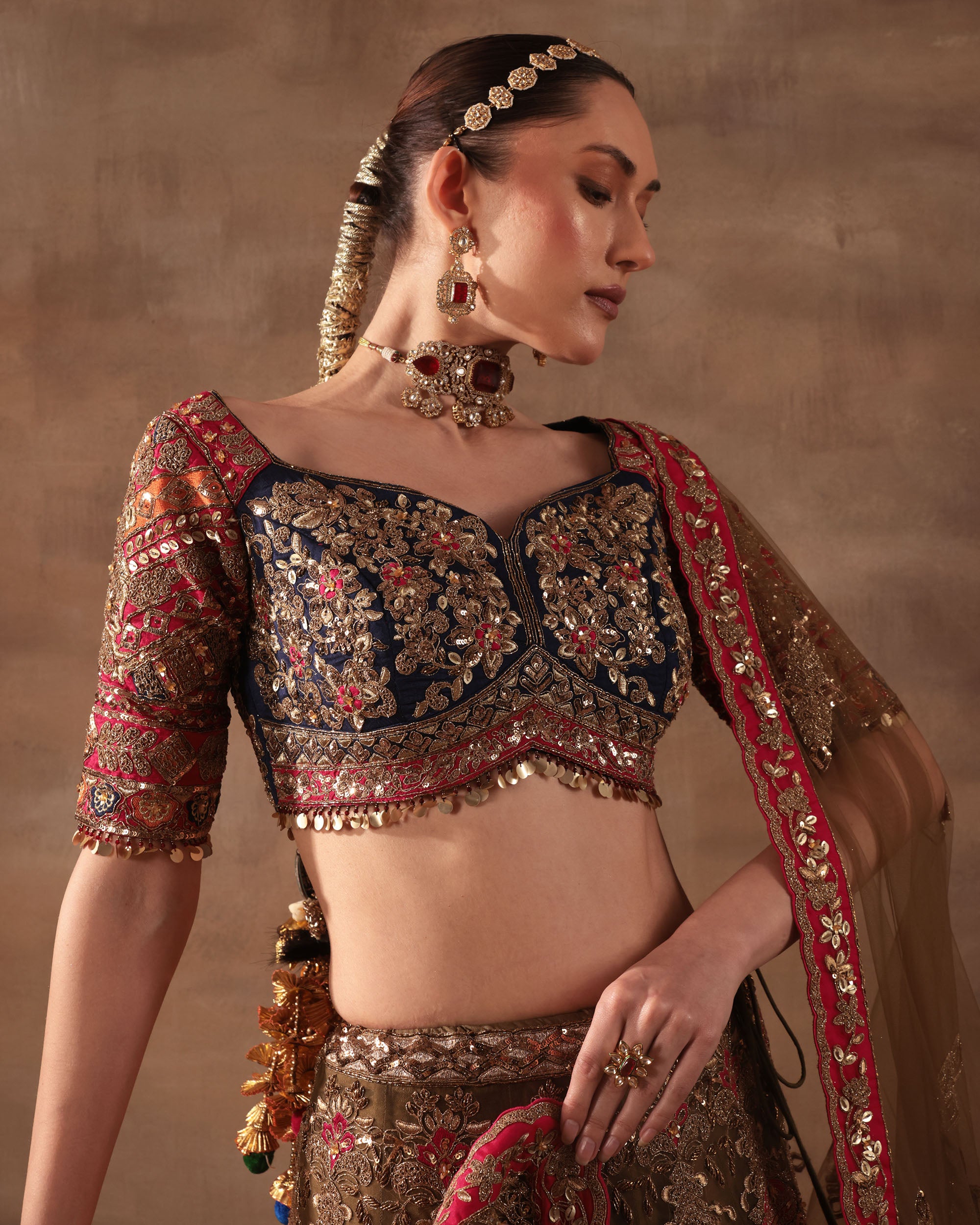Olive Gold & Maroon Multithread Embroidered Bridal Lehenga Set