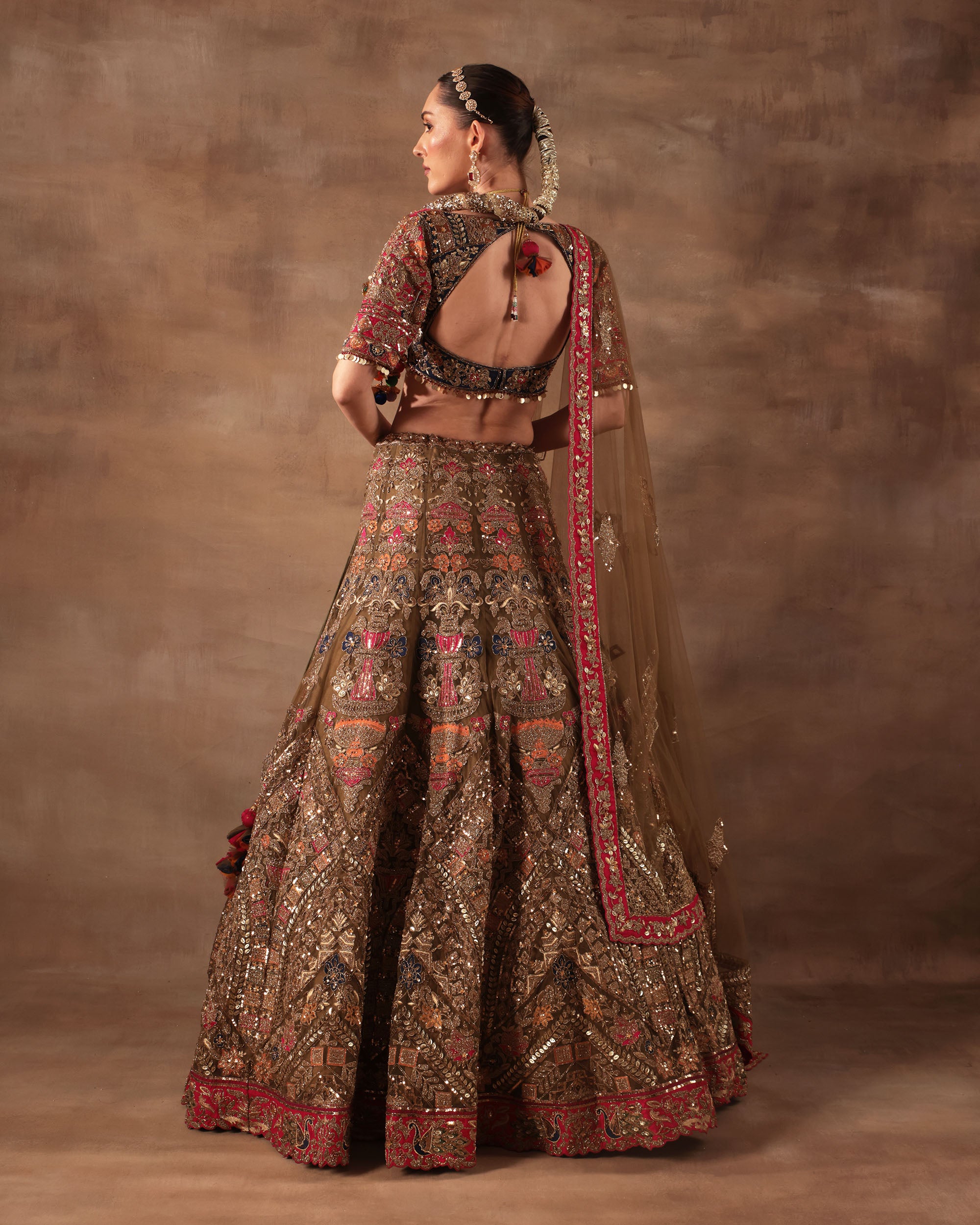 Olive Gold & Maroon Multithread Embroidered Bridal Lehenga Set