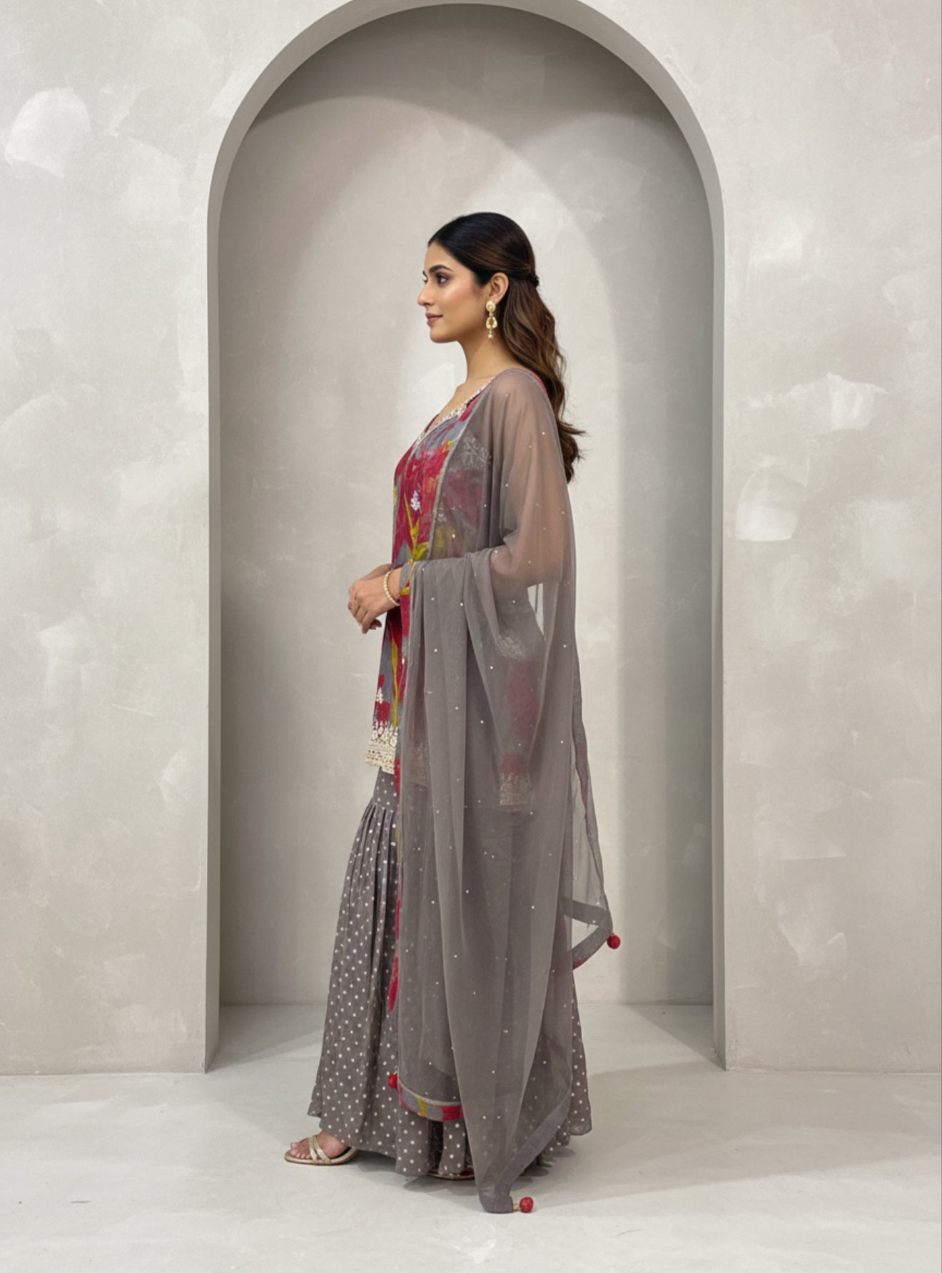 Grey and Pink Floral Kurta Gharara Set with Net Dupatta