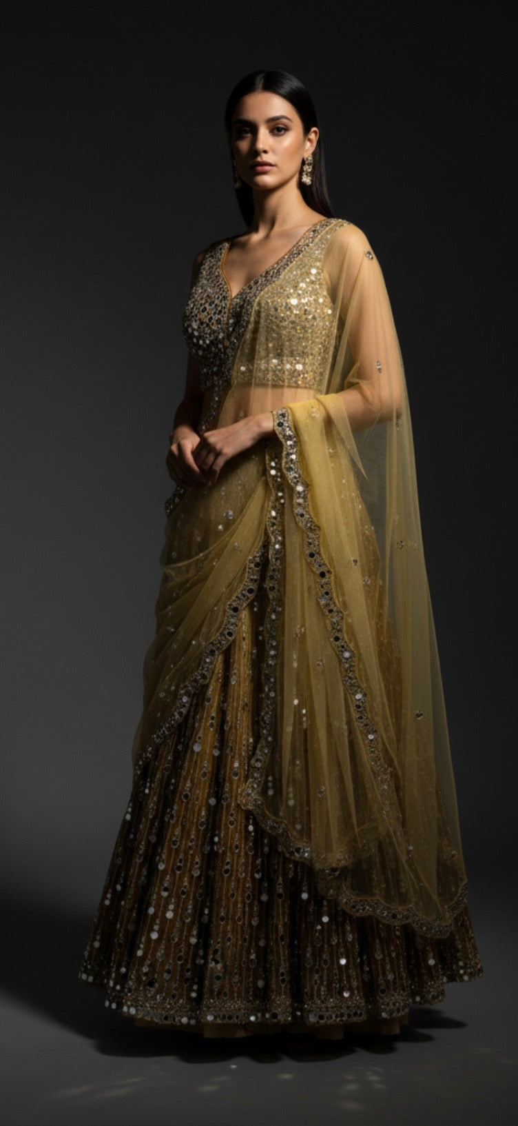 Golden Mirror-Embroidered Lehenga Set with Net Dupatta