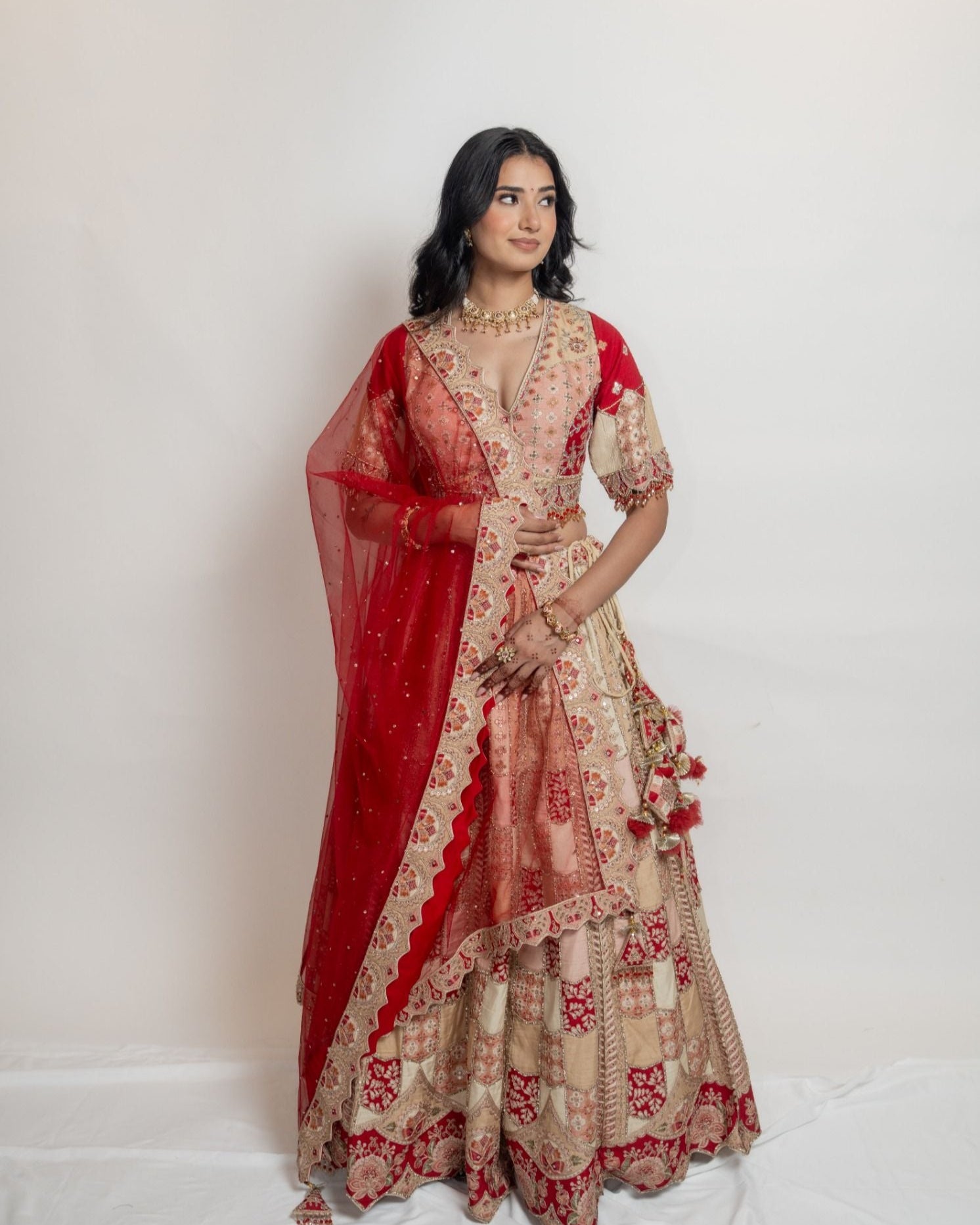 Red and Peach Patchwork Lehenga with Net Dupatta