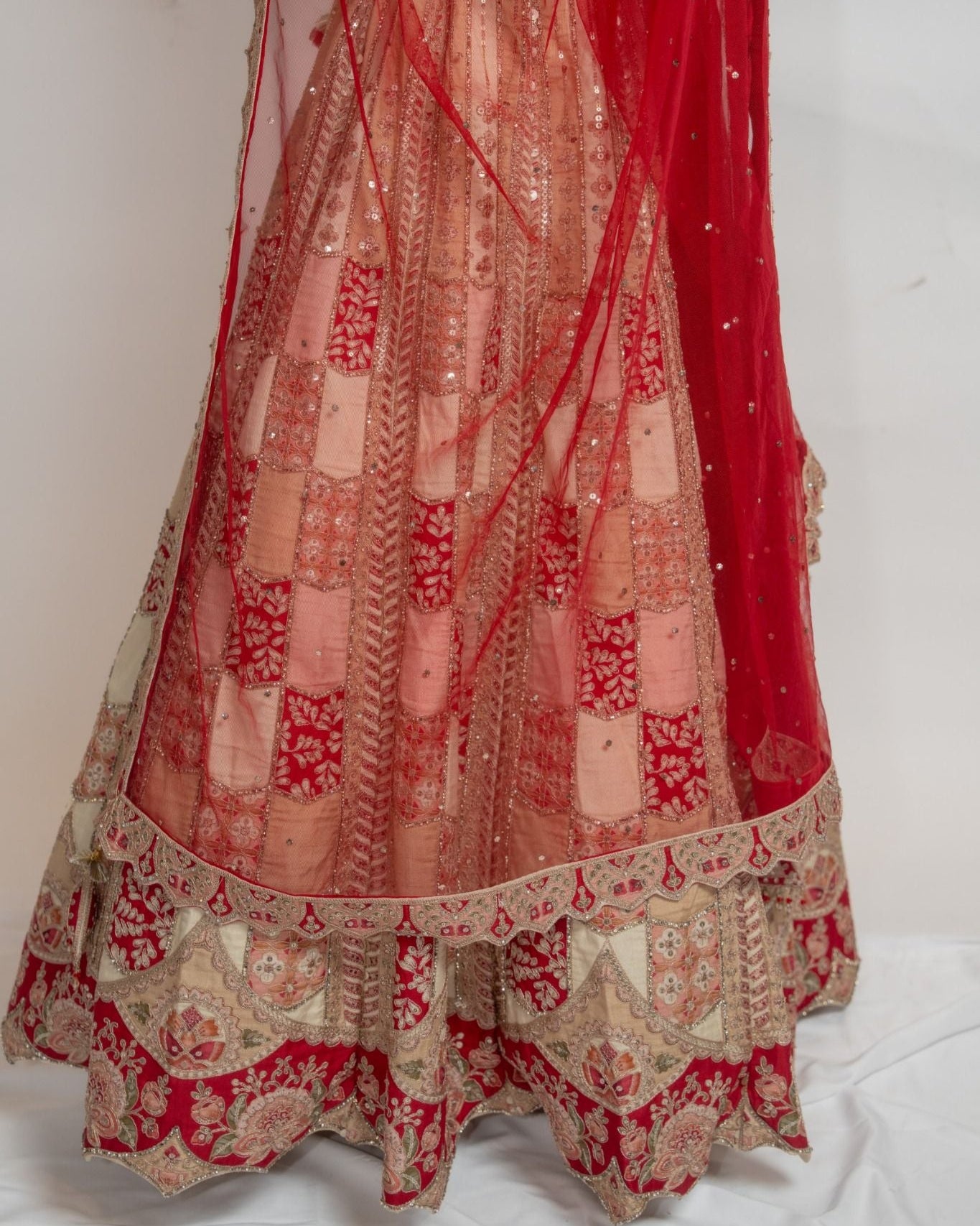 Red and Peach Patchwork Lehenga with Net Dupatta