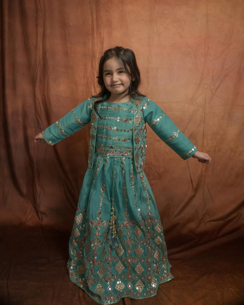 Teal mirror-work kids’ ethnic set