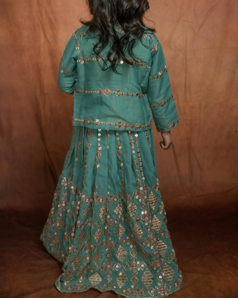 Teal mirror-work kids’ ethnic set