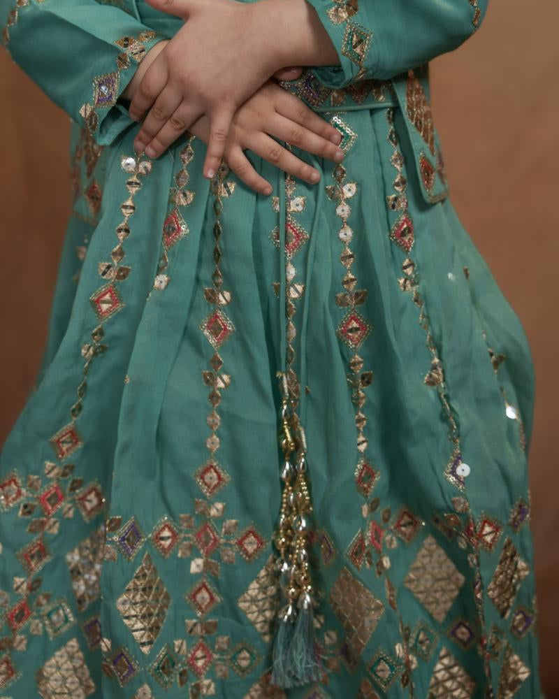 Teal mirror-work kids’ ethnic set