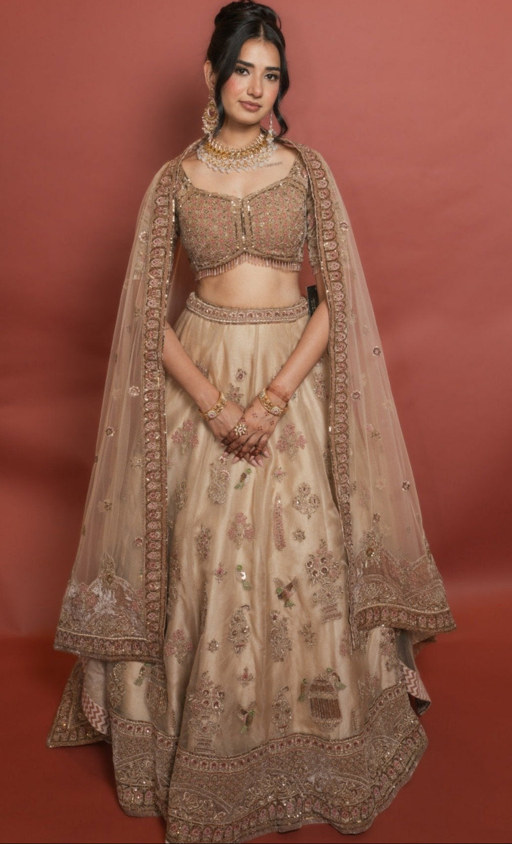 Beige Embroidered Bridal Lehenga with Net Dupatta