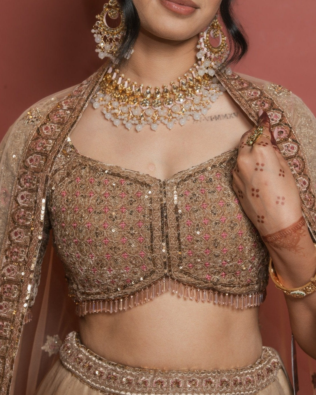 Beige Embroidered Bridal Lehenga with Net Dupatta