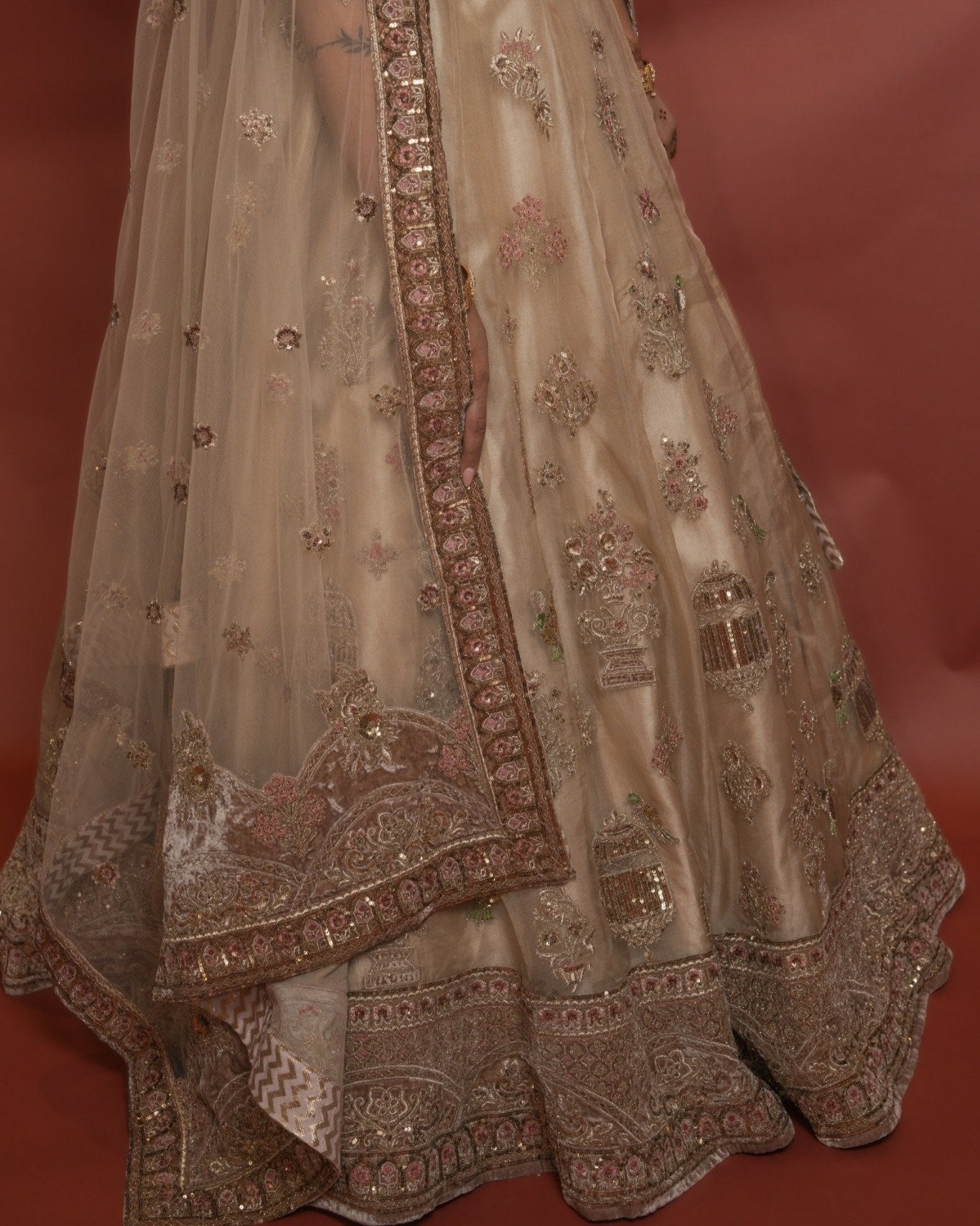 Beige Embroidered Bridal Lehenga with Net Dupatta