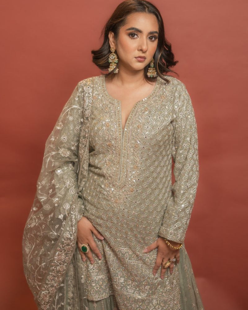 Sage Green Embroidered Sharara Set
