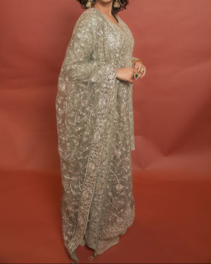 Sage Green Embroidered Sharara Set