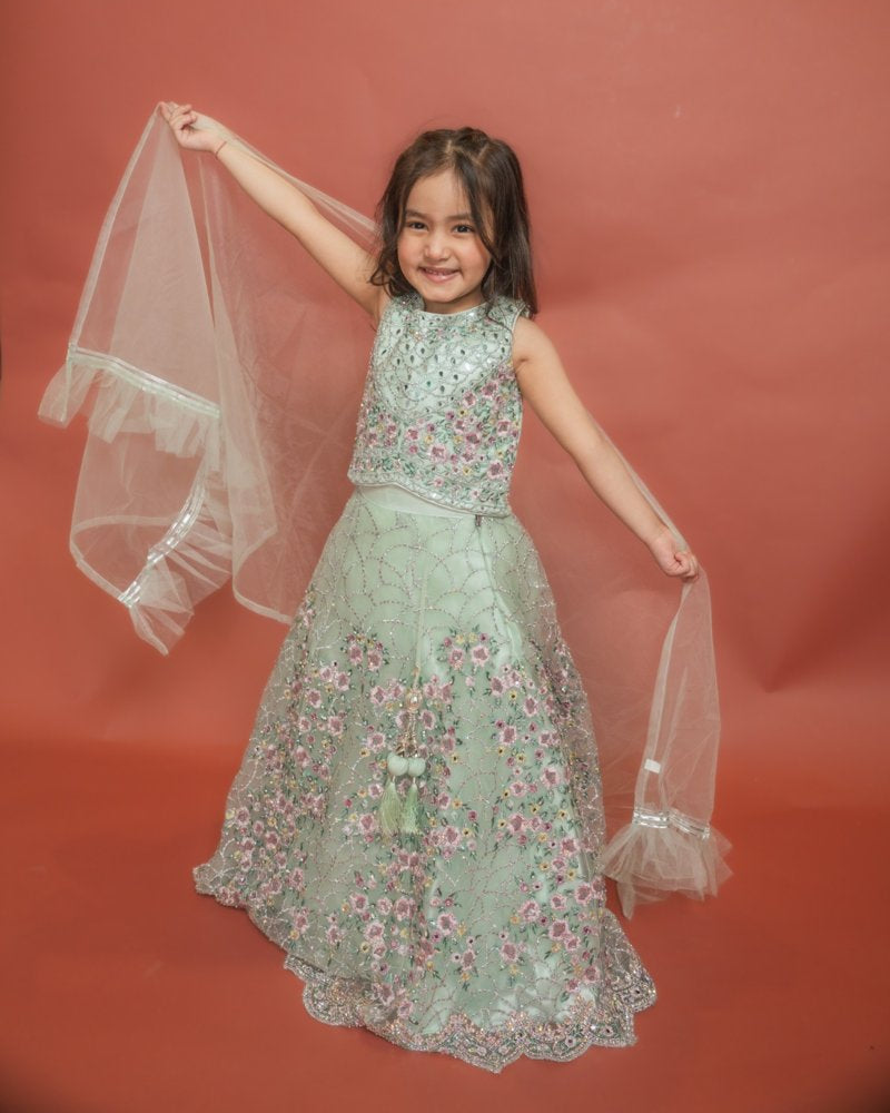 Mint Green Floral Embroidered Kids Lehenga Set