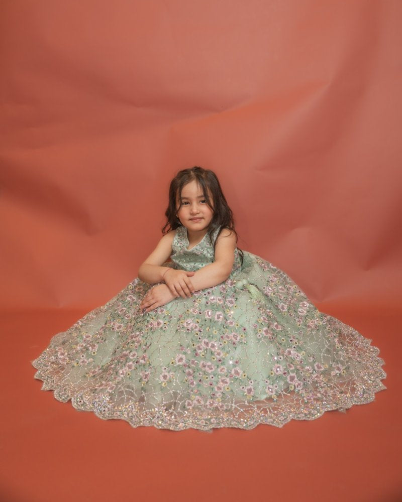 Mint Green Floral Embroidered Kids Lehenga Set