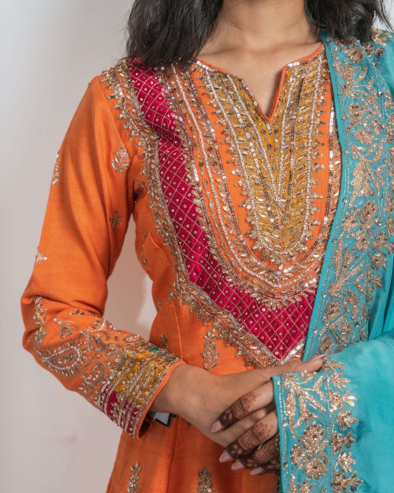 Orange and Teal Hand-Embroidered Pant Suit Set