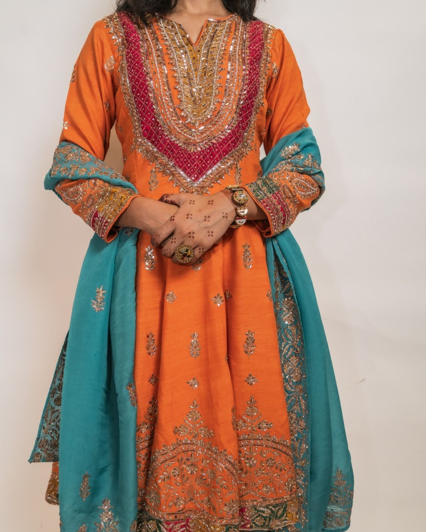 Orange and Teal Hand-Embroidered Pant Suit Set