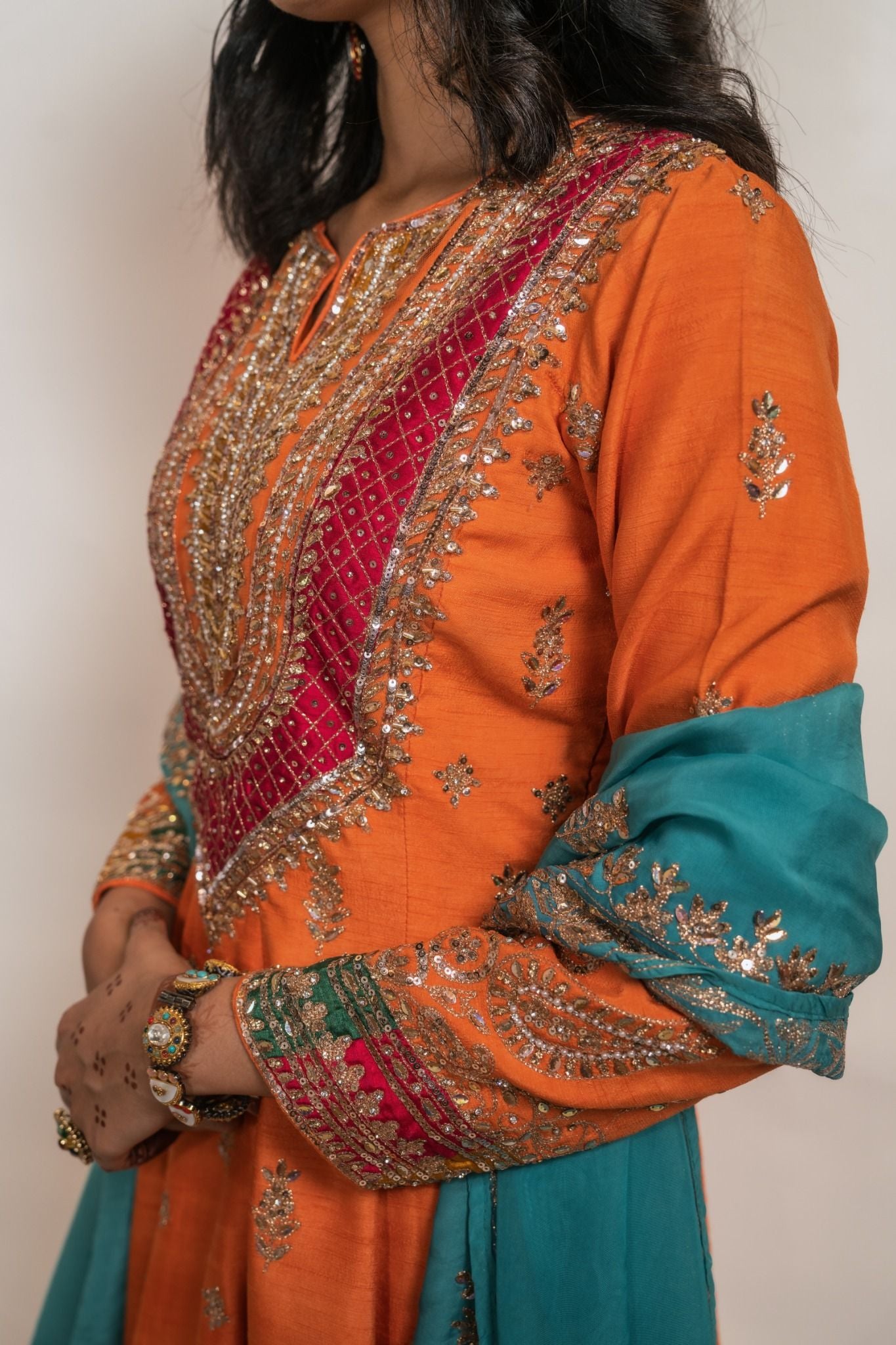 Orange and Teal Hand-Embroidered Pant Suit Set