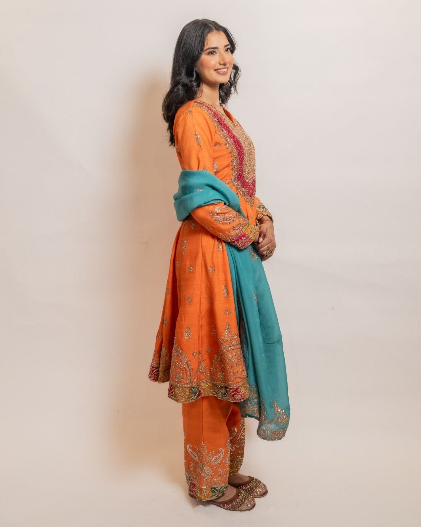 Orange and Teal Hand-Embroidered Pant Suit Set