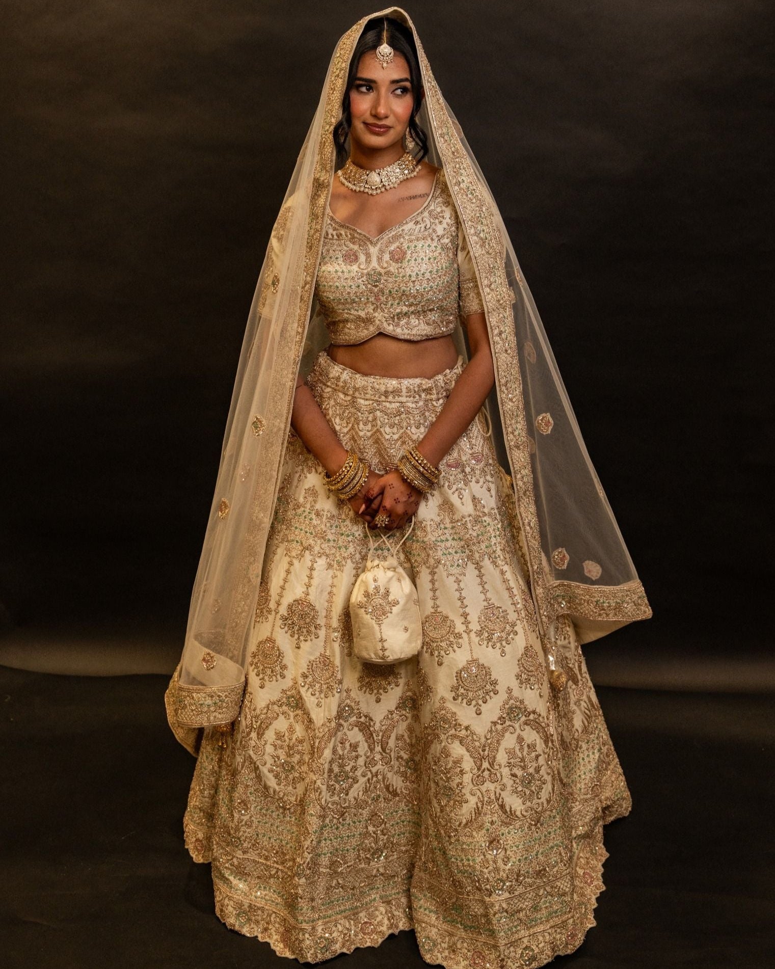 Ivory Gold Embroidered Bridal Lehenga with Net Dupatta