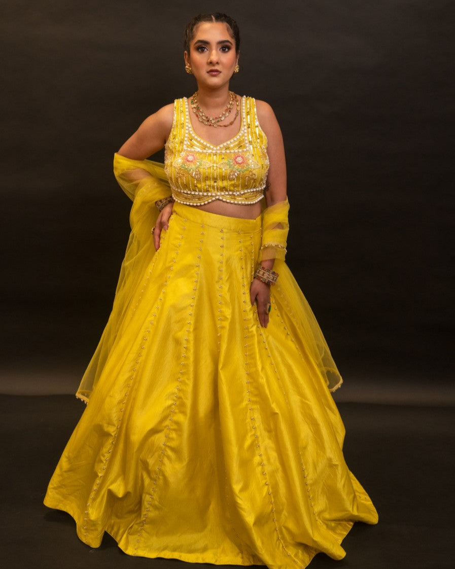Sunshine Radiance Yellow Mirror & Pearl Embroidered Lehenga Set