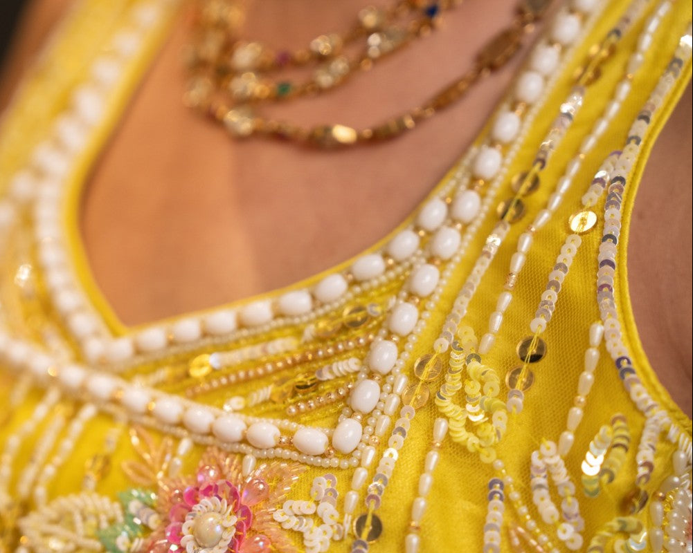 Sunshine Radiance Yellow Mirror & Pearl Embroidered Lehenga Set