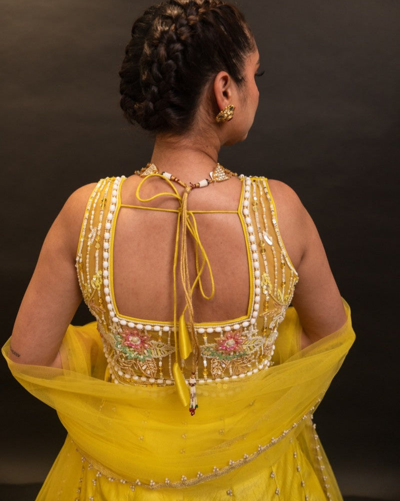 Sunshine Radiance Yellow Mirror & Pearl Embroidered Lehenga Set