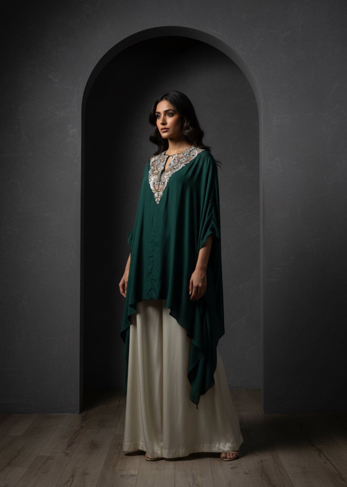 Emerald Green Embroidered Kaftan with Ivory Dhoti Pants