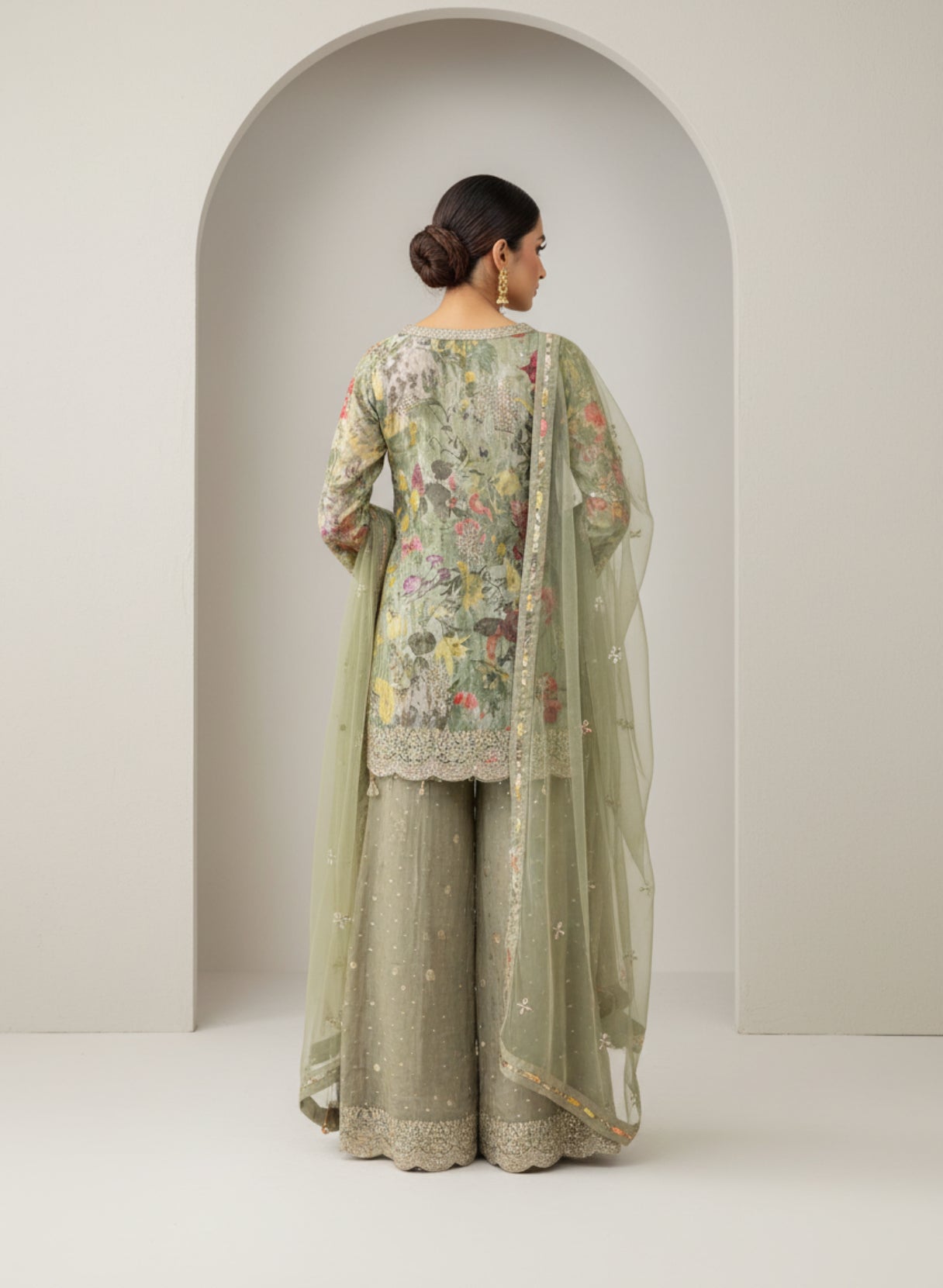 Olive Green Floral Kurta Sharara Set with Net Dupatta