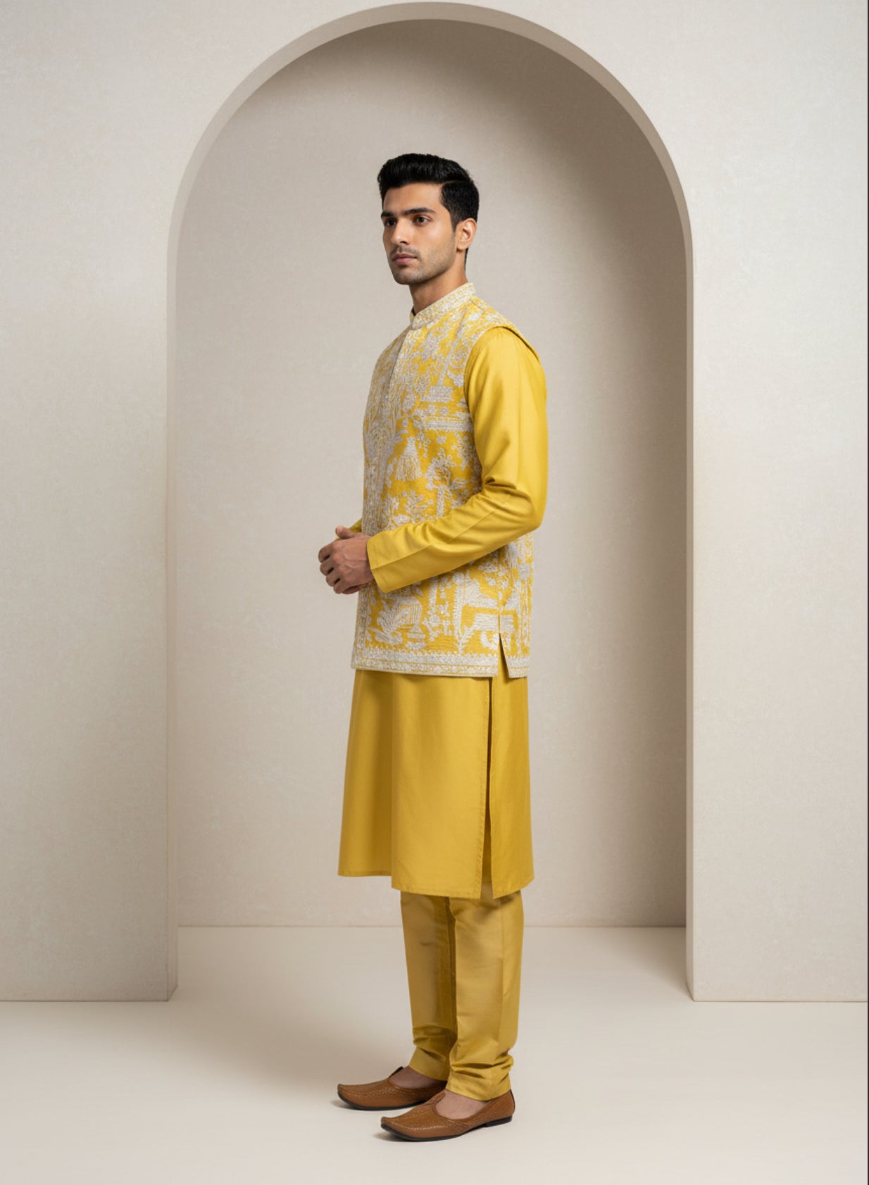 Mustard Yellow and White Achkan