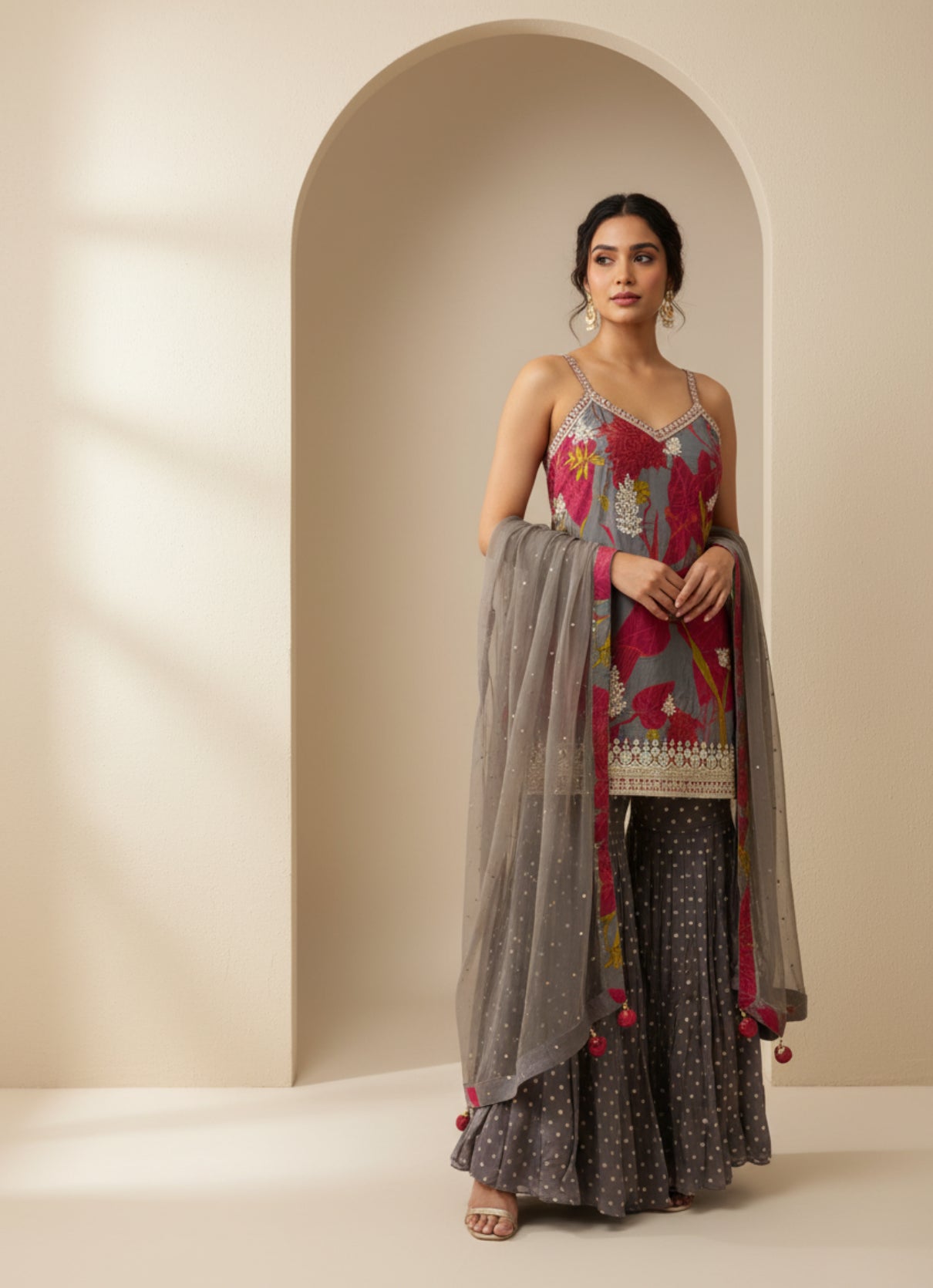 Grey and Pink Floral Kurta Gharara Set with Net Dupatta