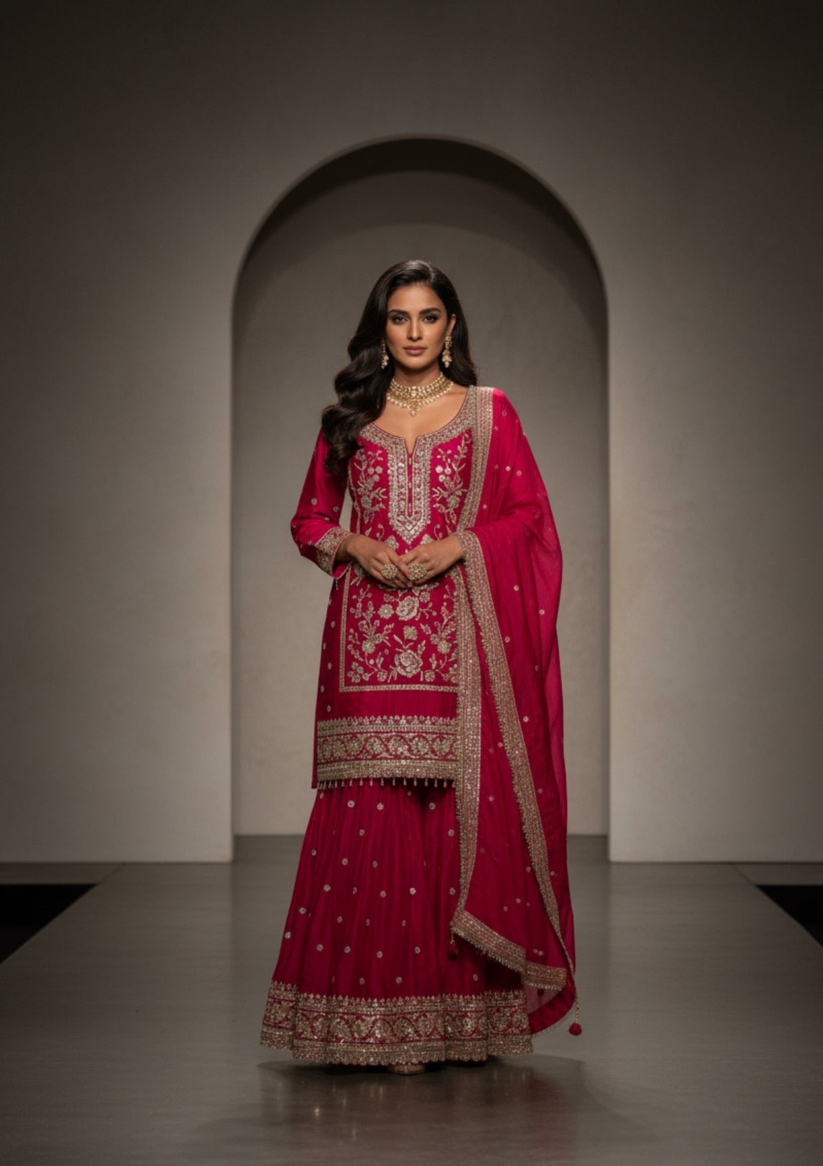 Exquisite Embroidered silk Gharara set