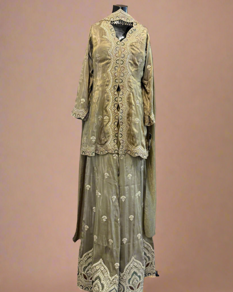 Olive Gold Embroidered Sharara Suit