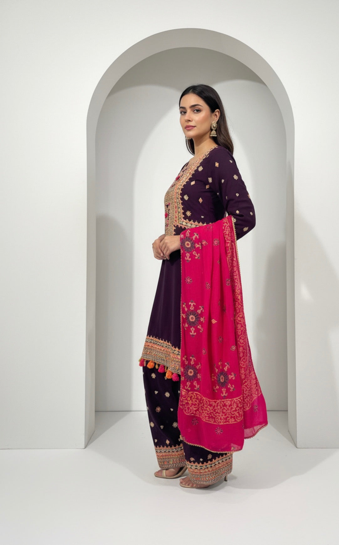 Embroidered Plum and Mustard Shalwar Kameez Set