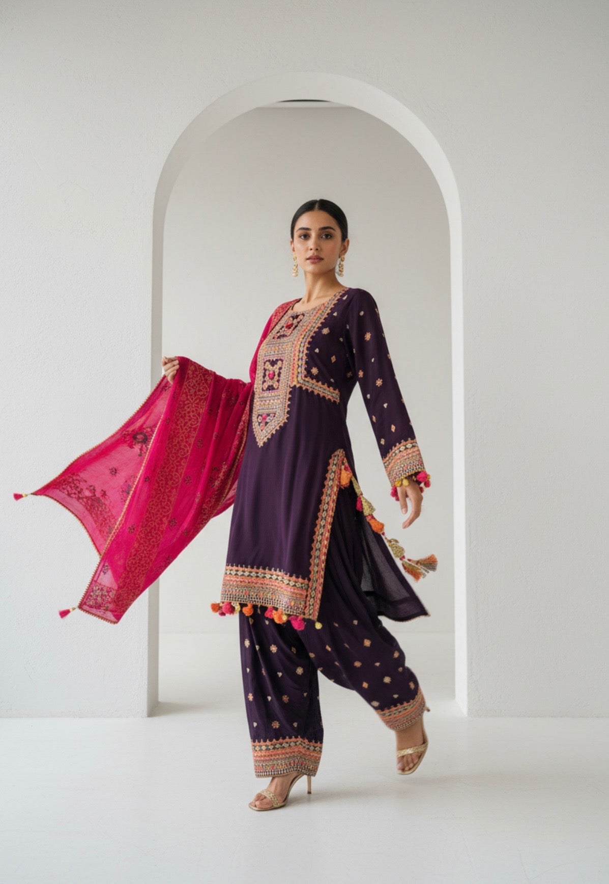 Embroidered Plum and Mustard Shalwar Kameez Set