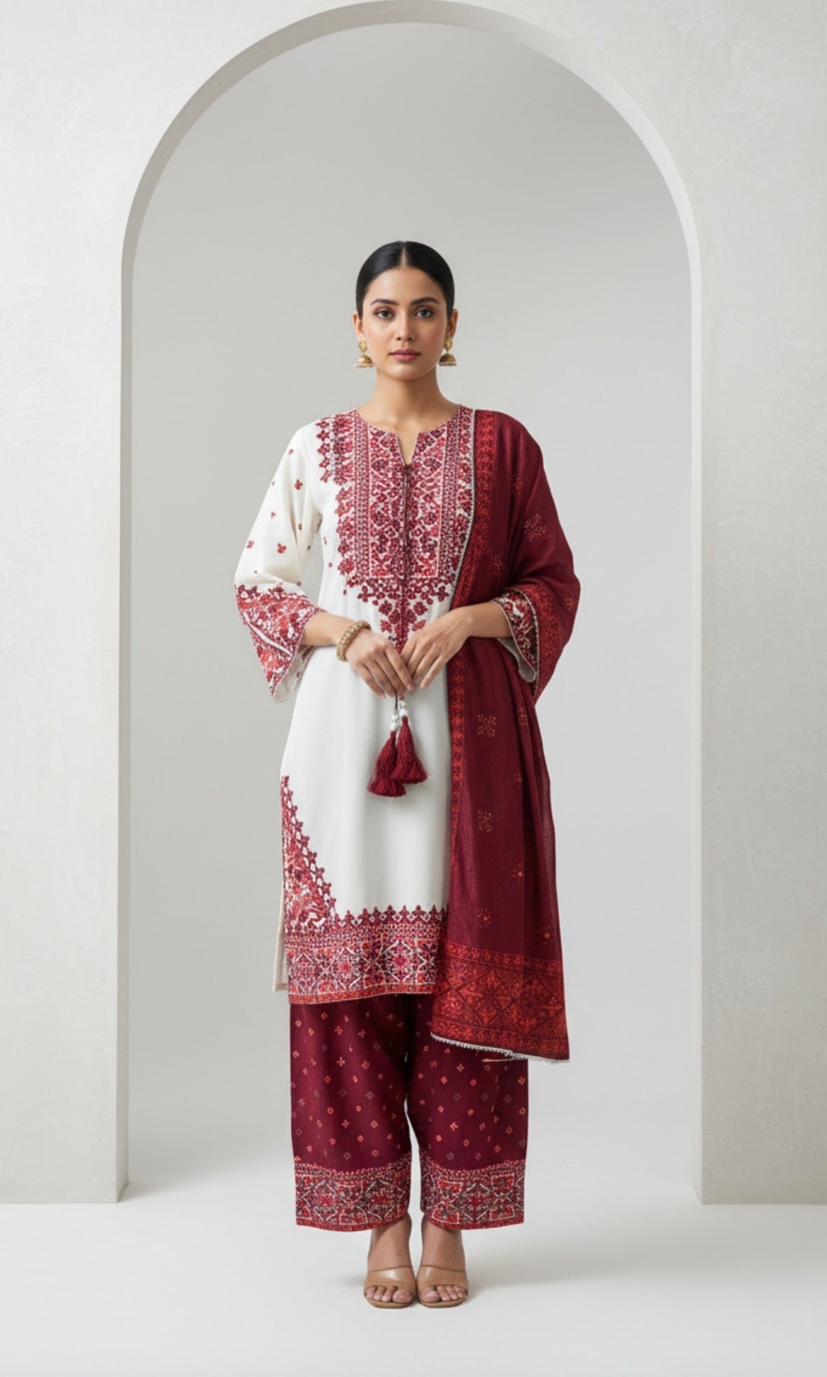 Ivory Maroon Embroidered Three-Piece Suit
