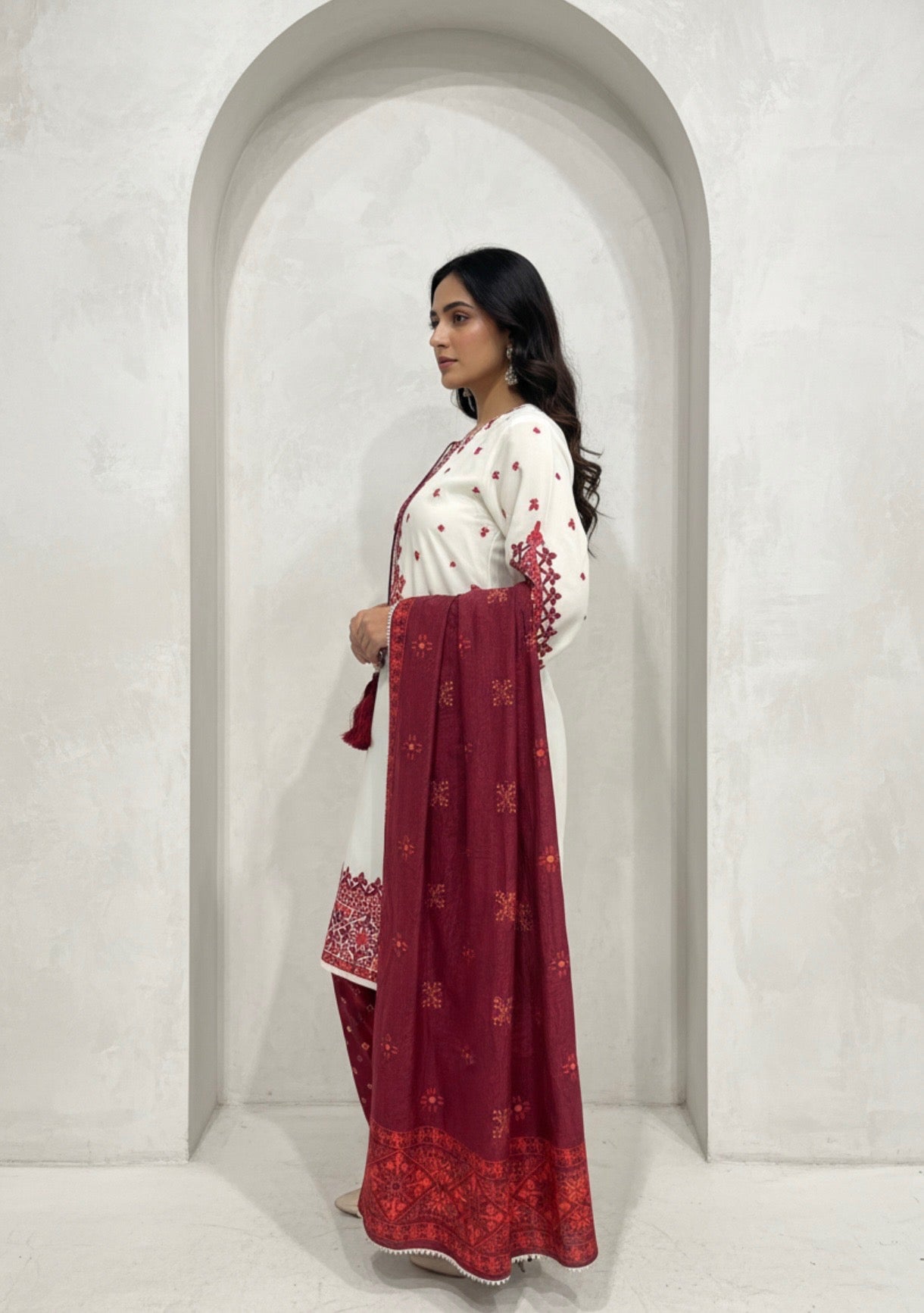 Ivory Maroon Embroidered Three-Piece Suit