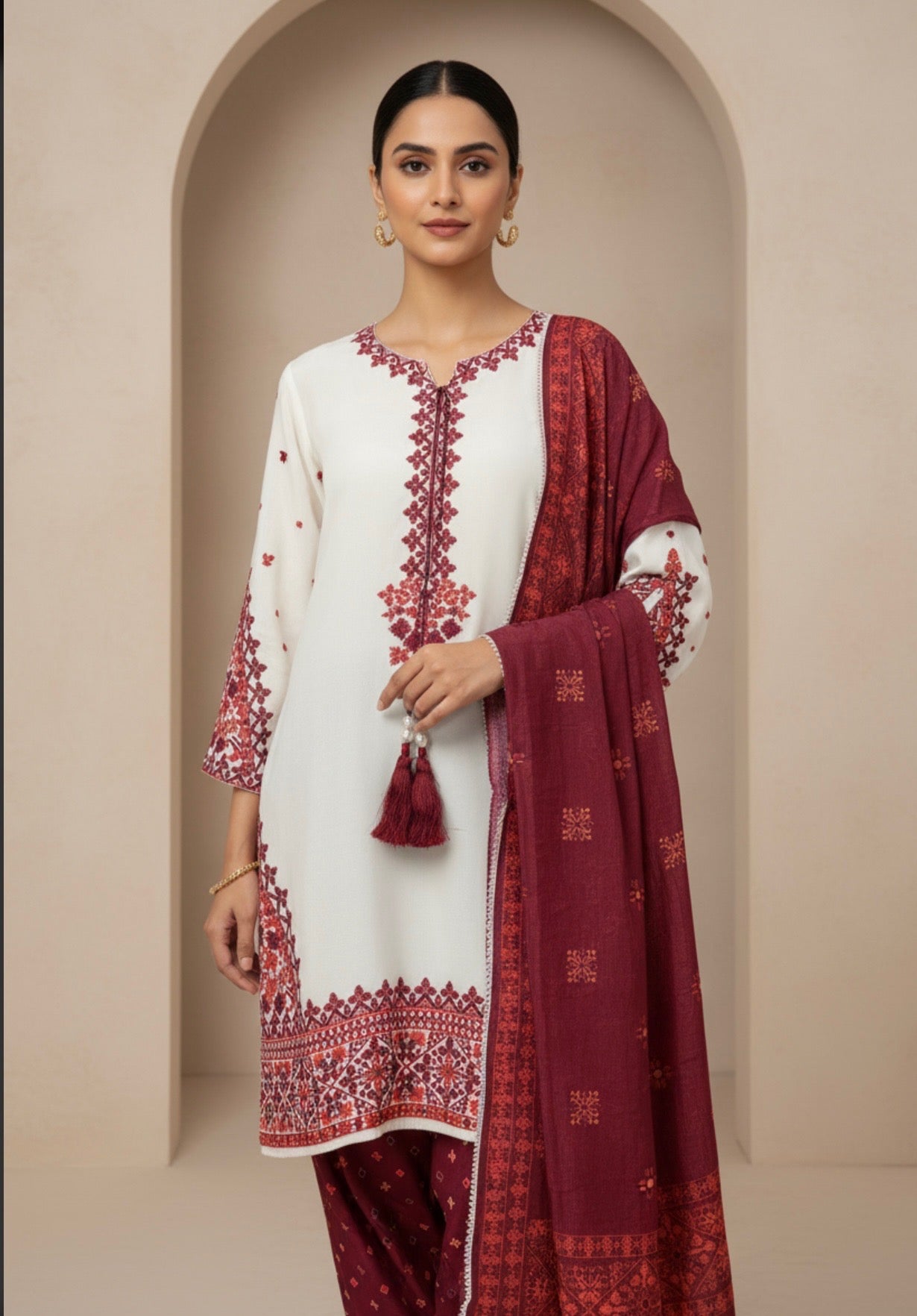 Ivory Maroon Embroidered Three-Piece Suit