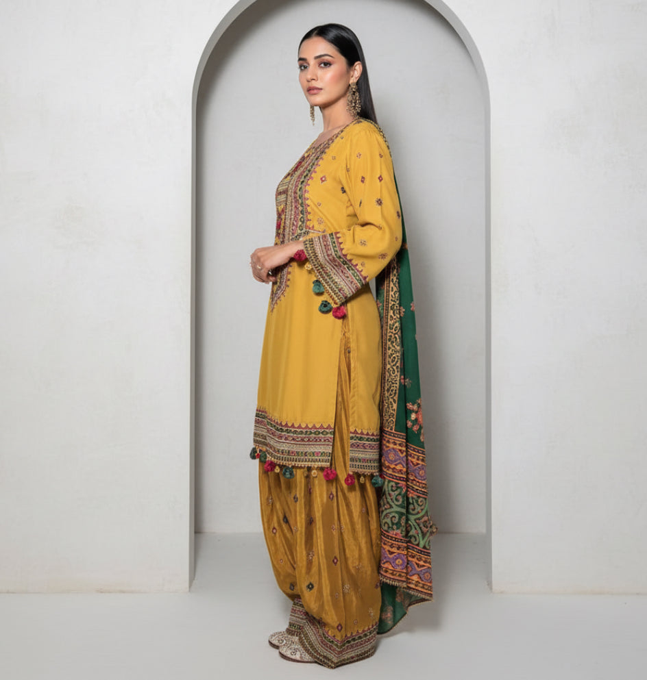 Embroidered Plum and Mustard Shalwar Kameez Set